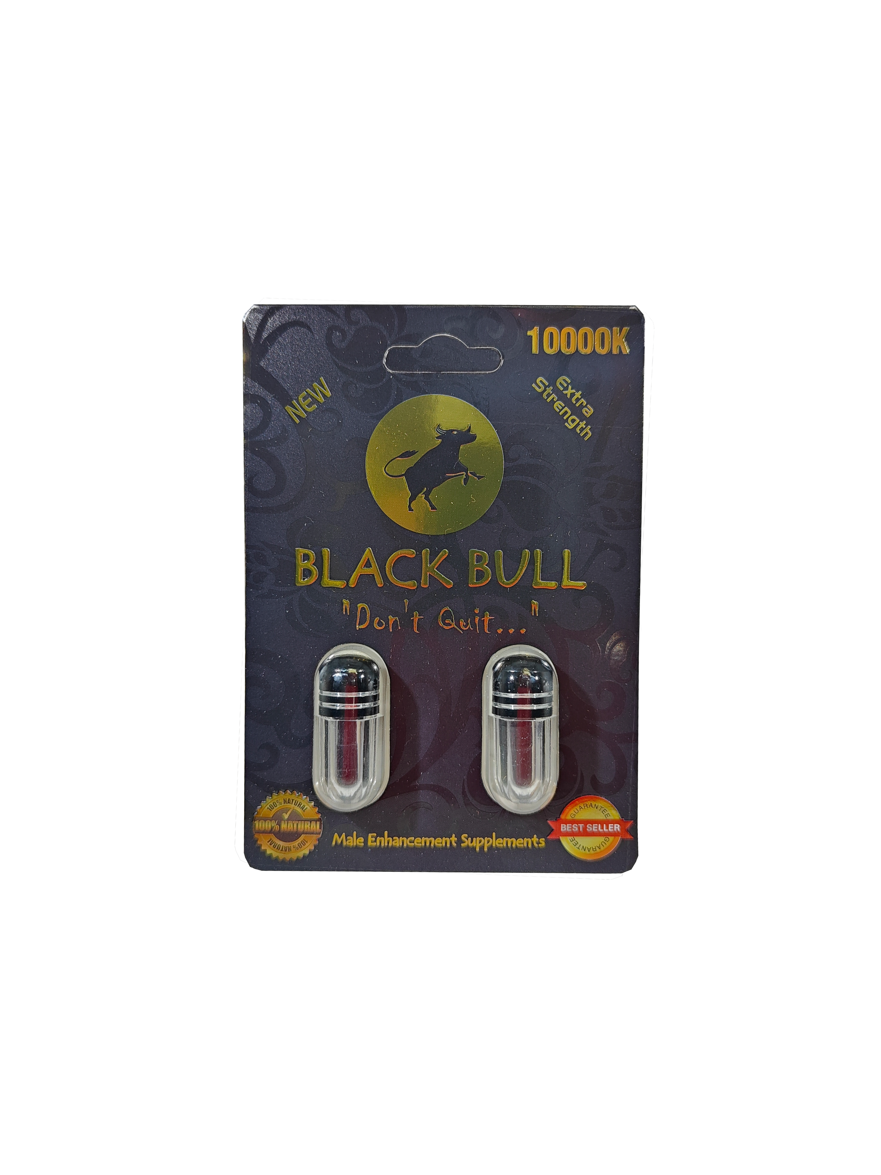 Double capsule packet of Black Bull 10000K, a male stamina enhancement supplement pill.