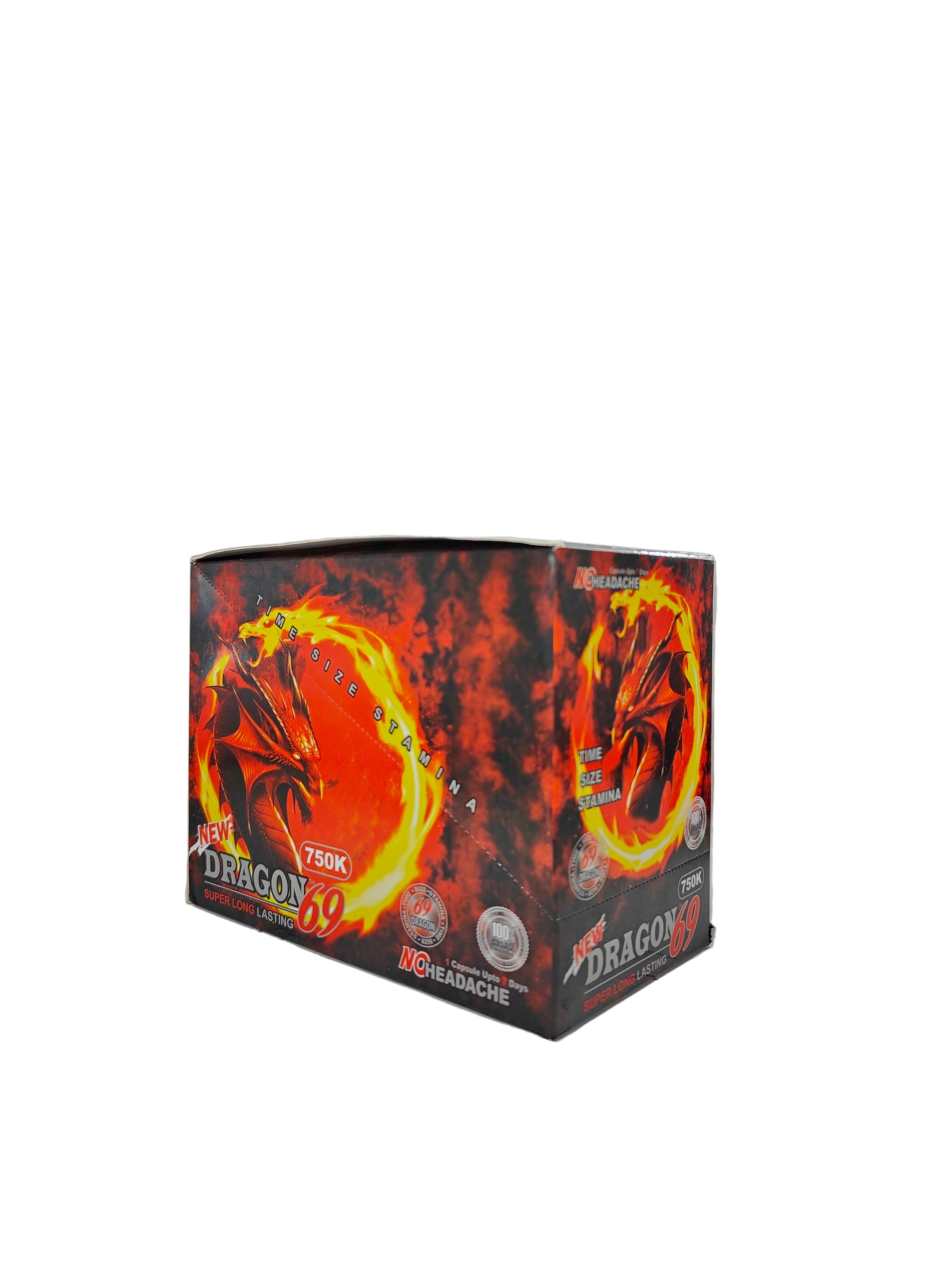 Front view of Dragon 69 750K display box, a new male stamina enhancement supplement in pill form.