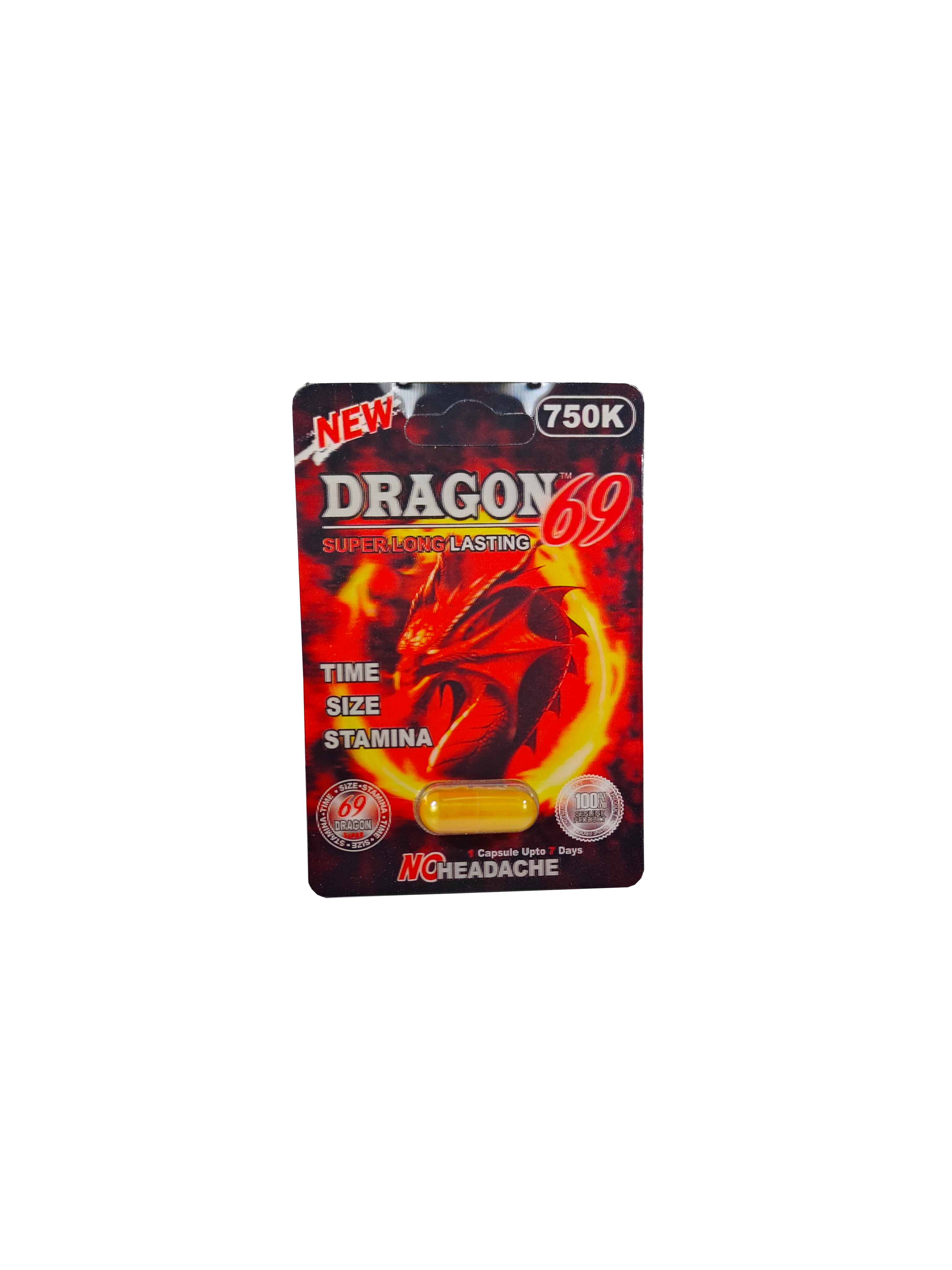 Single capsule packet of Dragon 69 750K, a male stamina enhancement supplement pill.