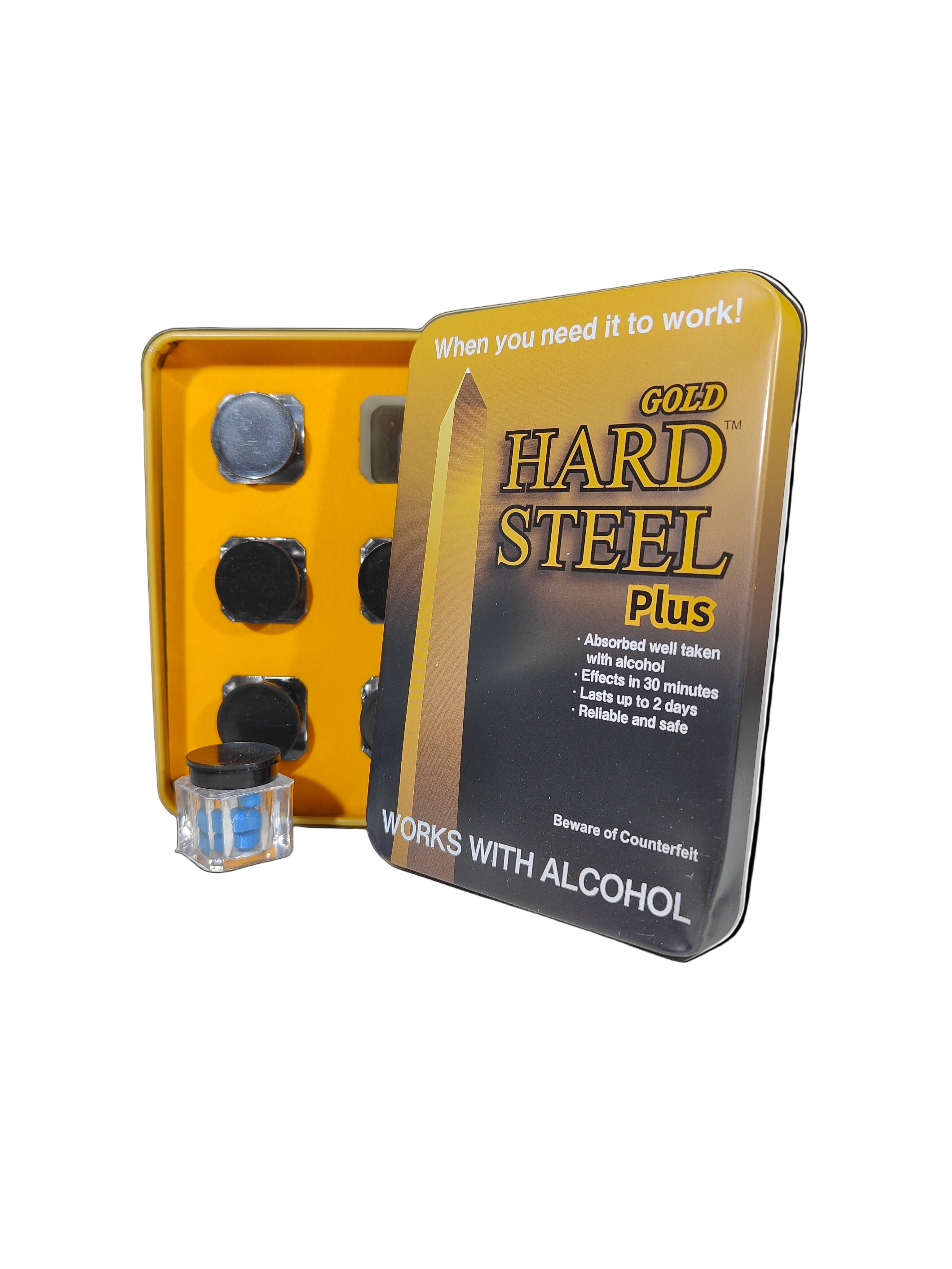 Front view of Hard Steel Gold Plus Pills, a tin of male enhancement supplements.