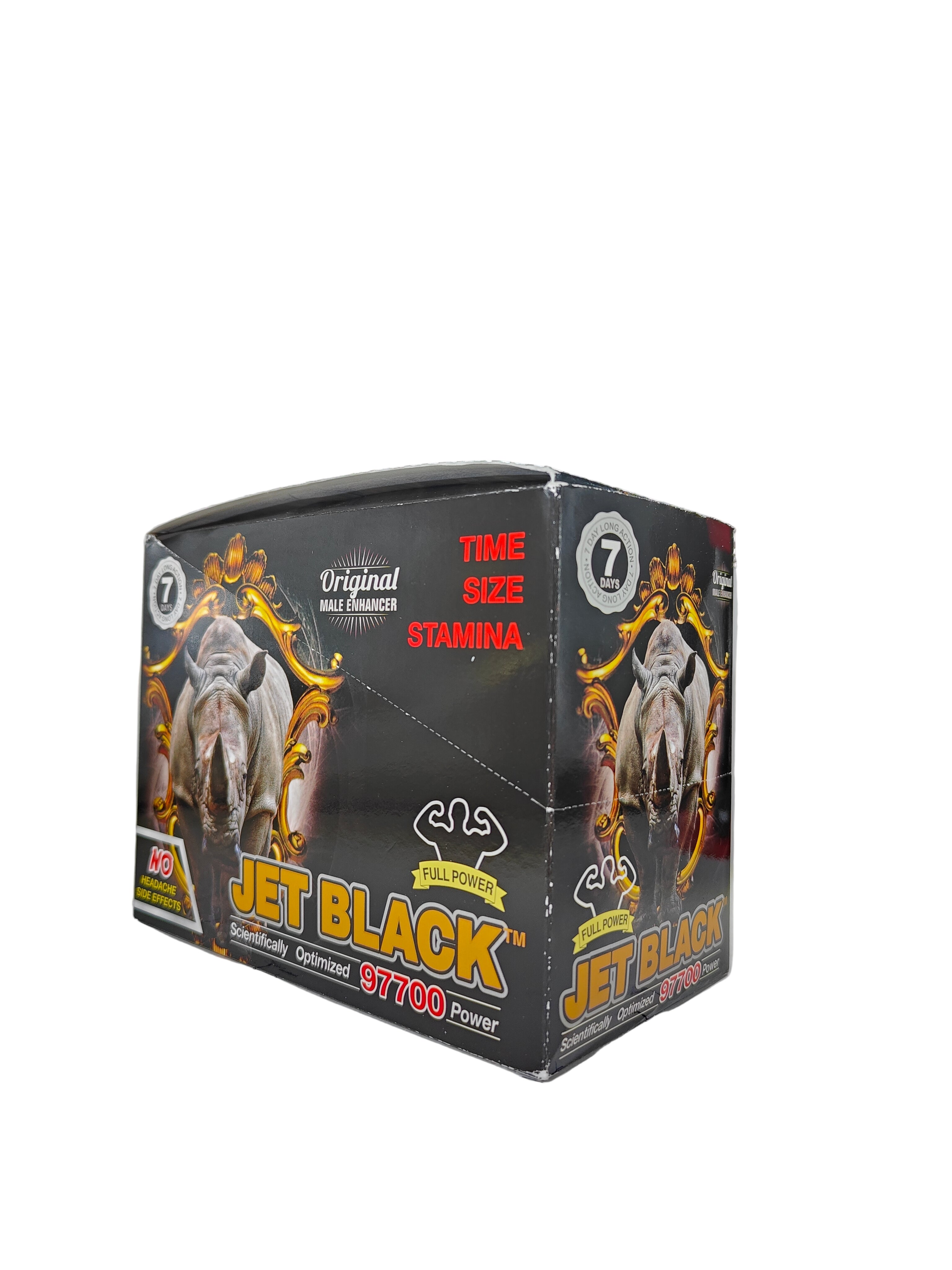 Front view of Jet Black 97700 display box, a male stamina enhancement supplement in pill form.