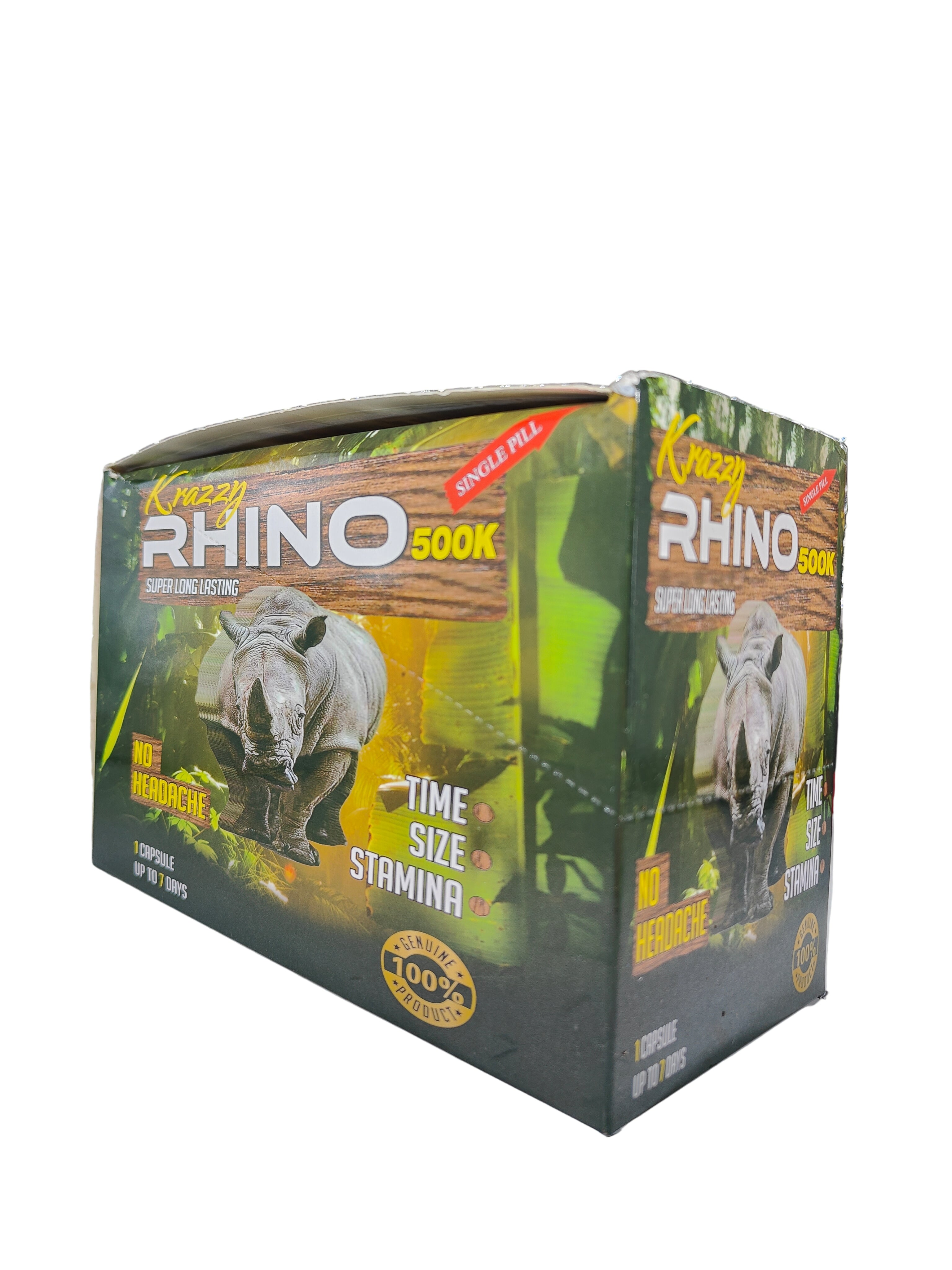 Front view of Krazzy Rhino 500K display box, a male stamina enhancement supplement pill.