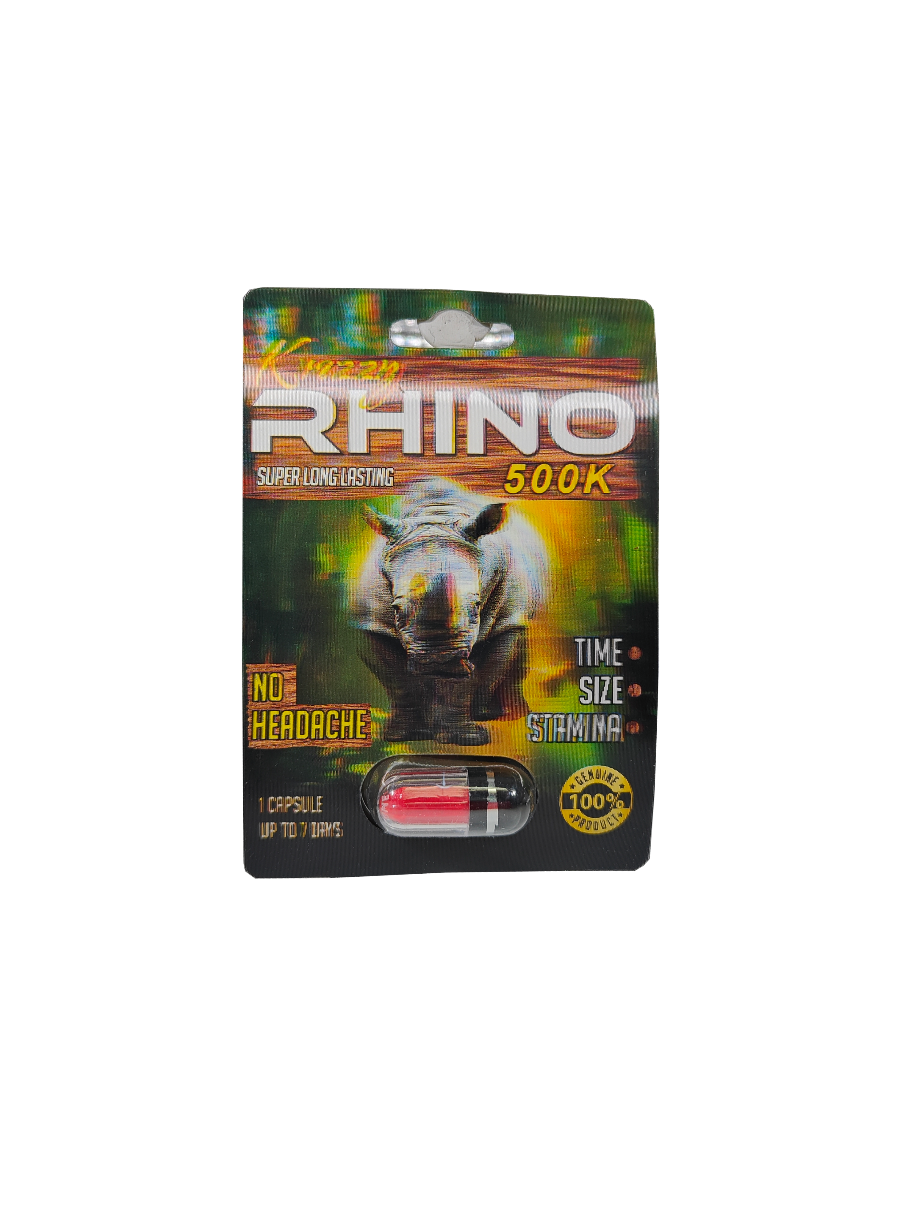 Single capsule Krazzy Rhino 500K, a male stamina enhancement supplement in pill form.