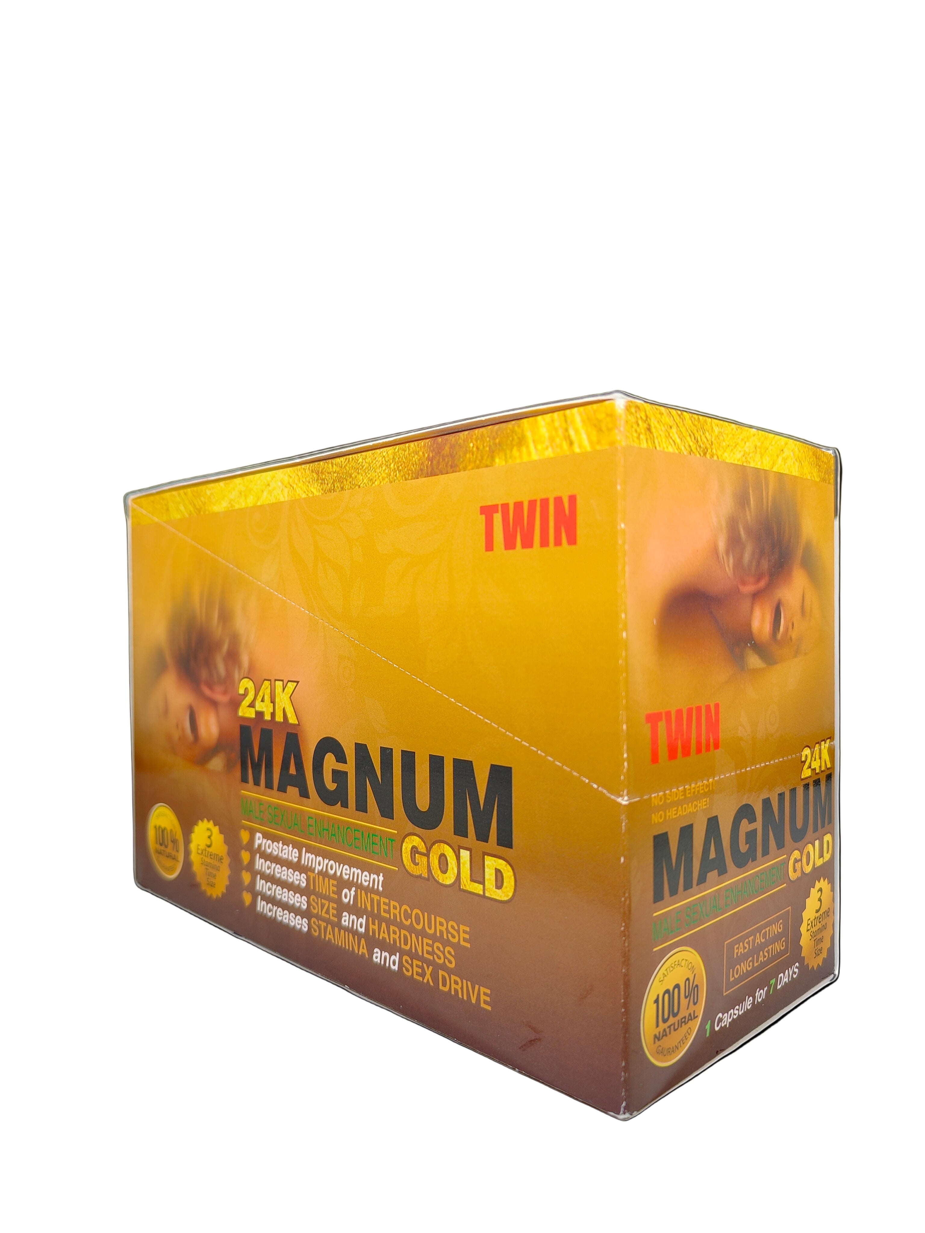 Front view of Magnum 24K Gold Twin Male Sexual Enhancement Supplement display box, a premium stamina and energy enhancement.