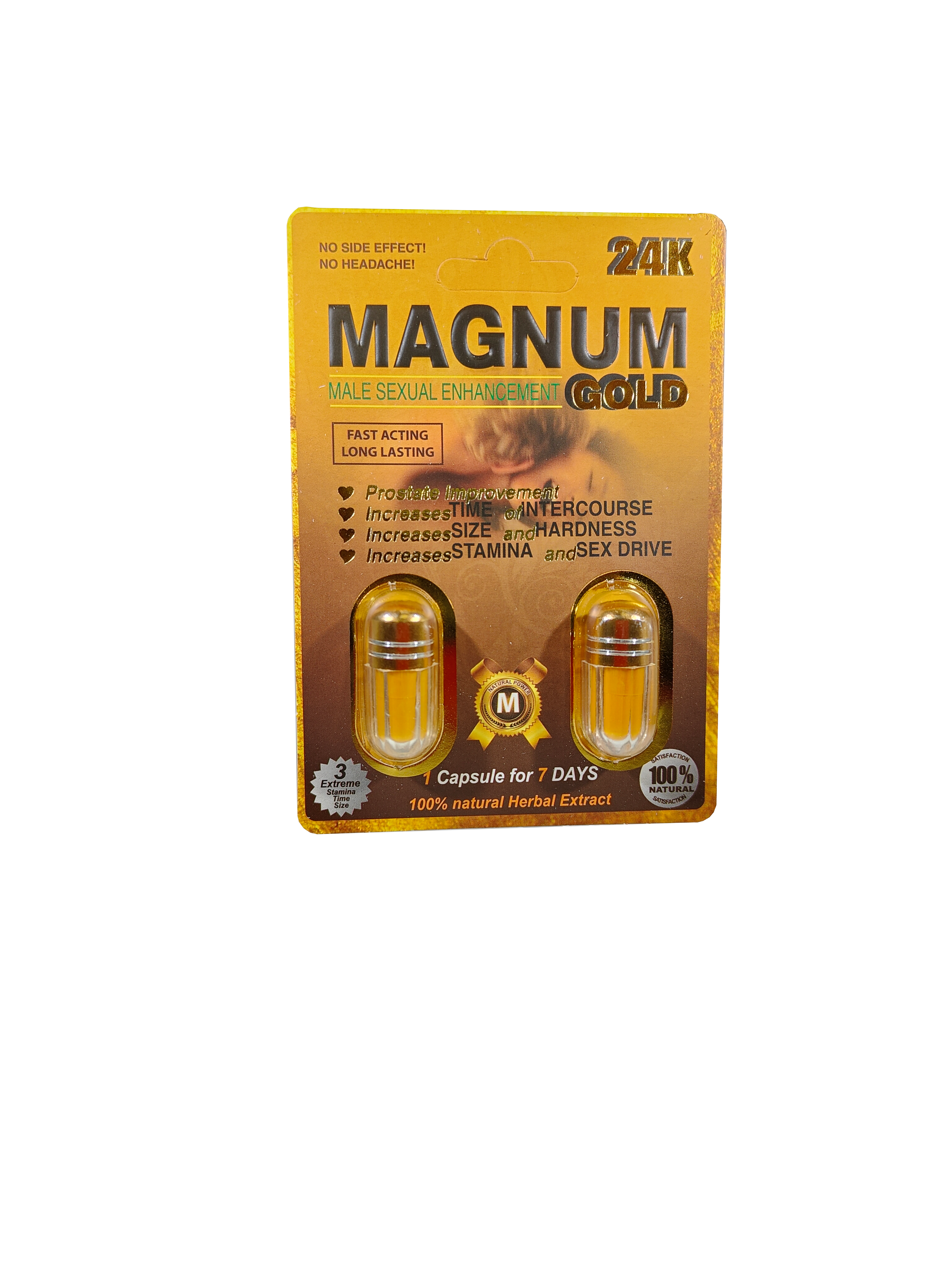 Double capsule packet of Magnum 24K Gold Male enhancement product.
