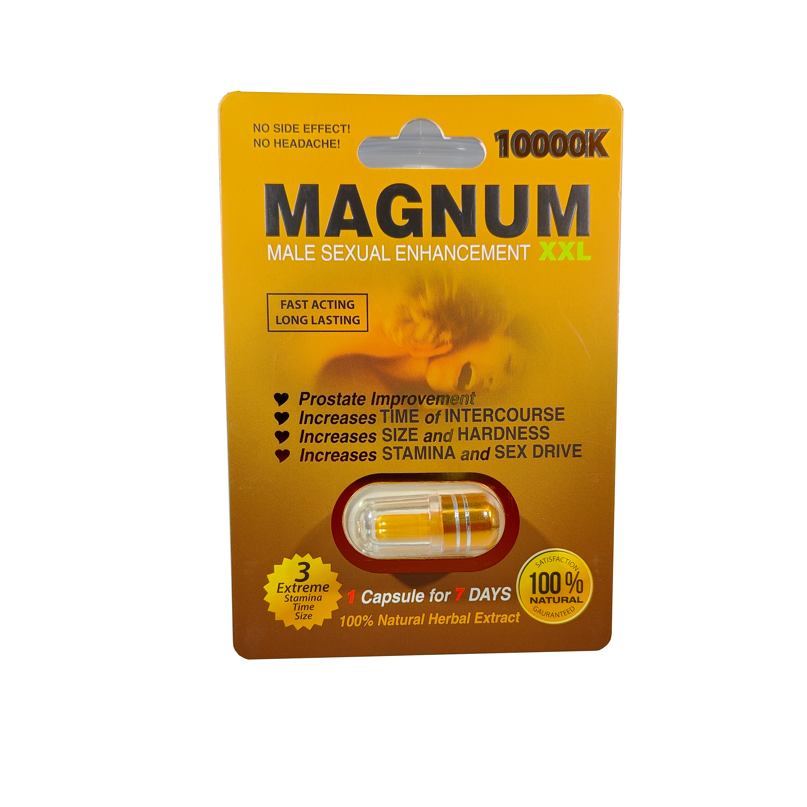 Single capsule packet of Magnum XXL 10000k Male enhancement product.