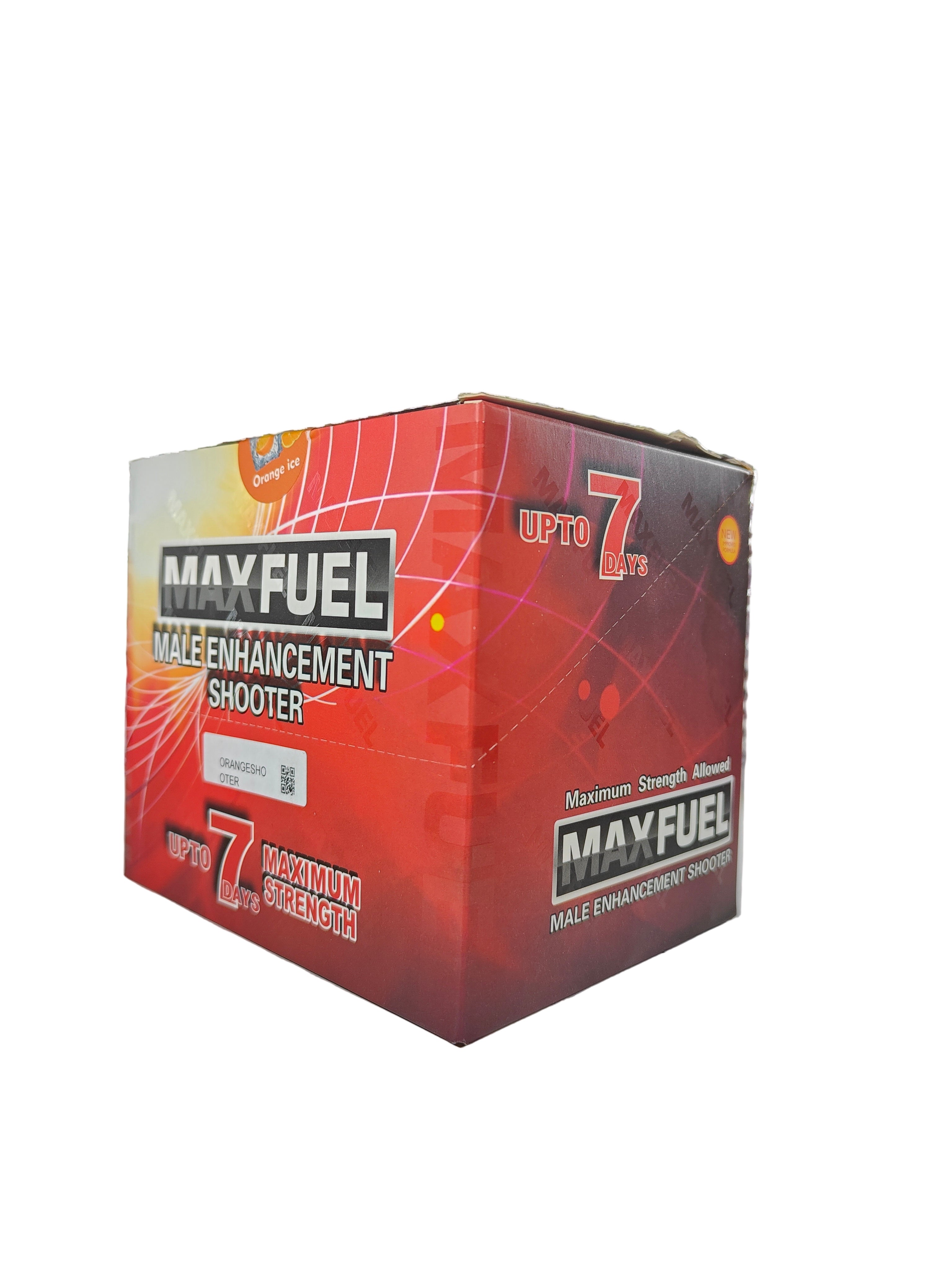 Front view of Max Fuel Male Enhancement Shooter. A display box of liquid male enhancement supplements in orange ice flavor.