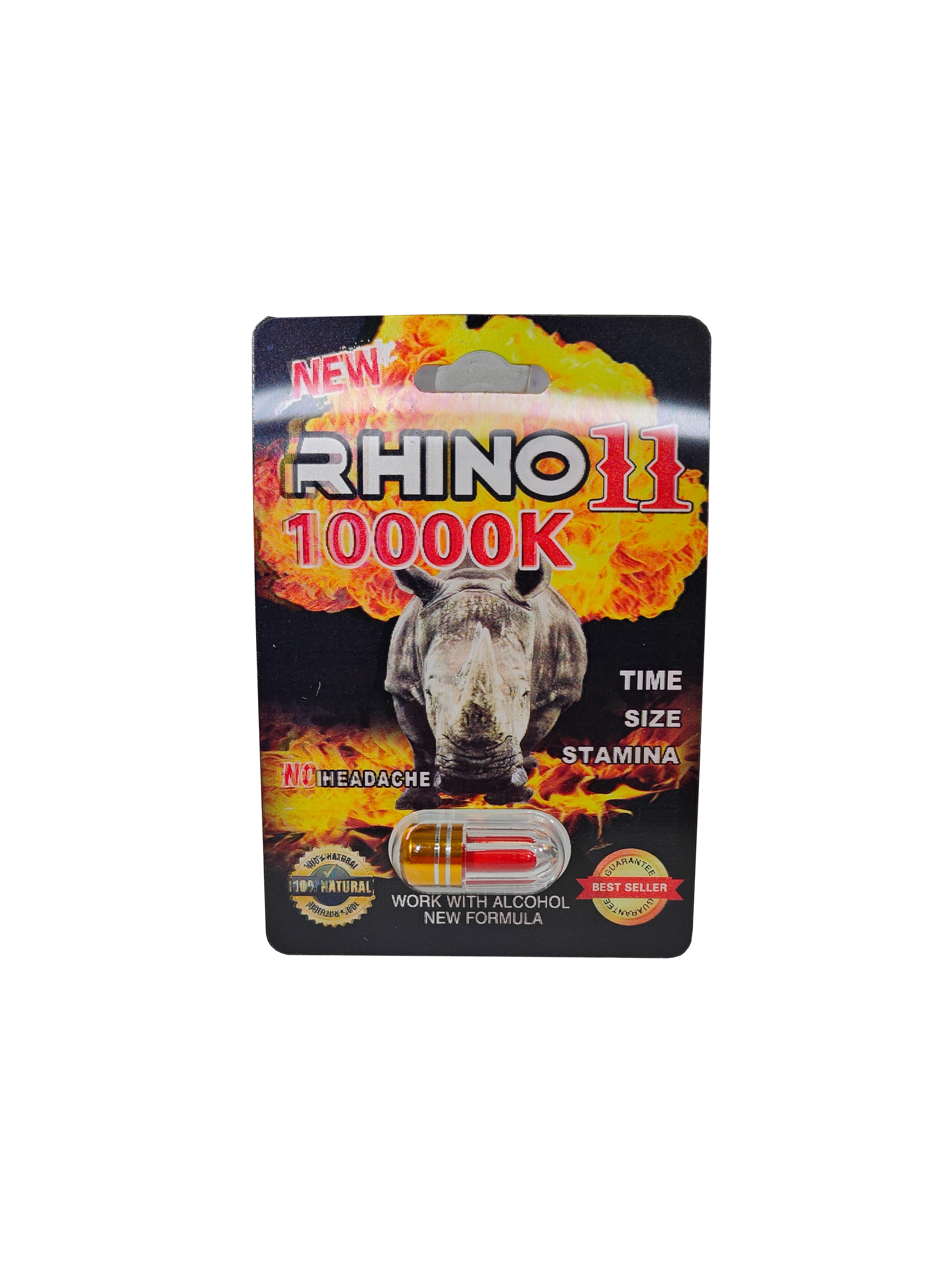 Single capsule packet of Rhino 11 10000K, a new male stamina enhancement pill.