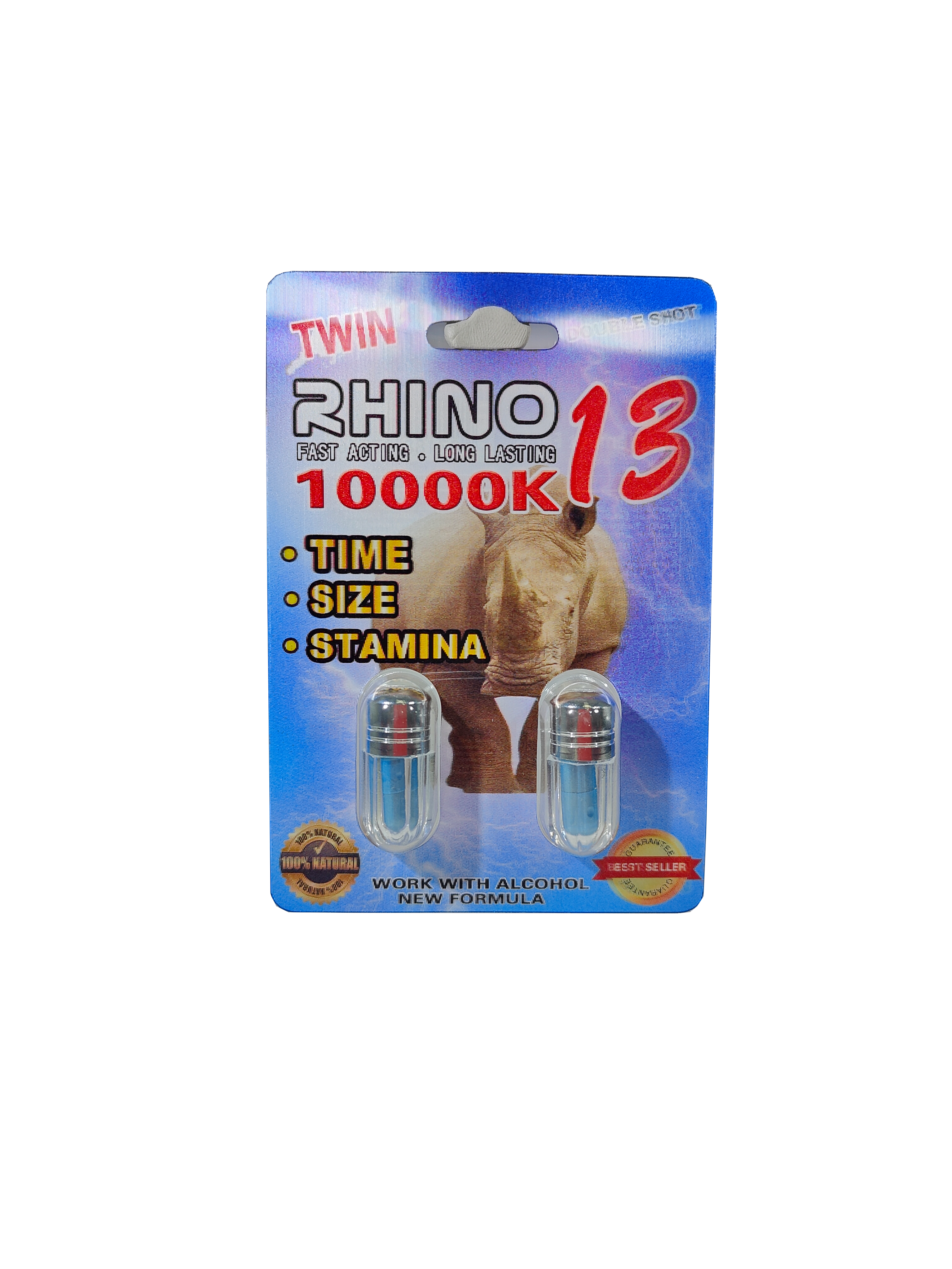 Double capsule packet of Rhino 13 10000K, a male enhancement supplement pill.