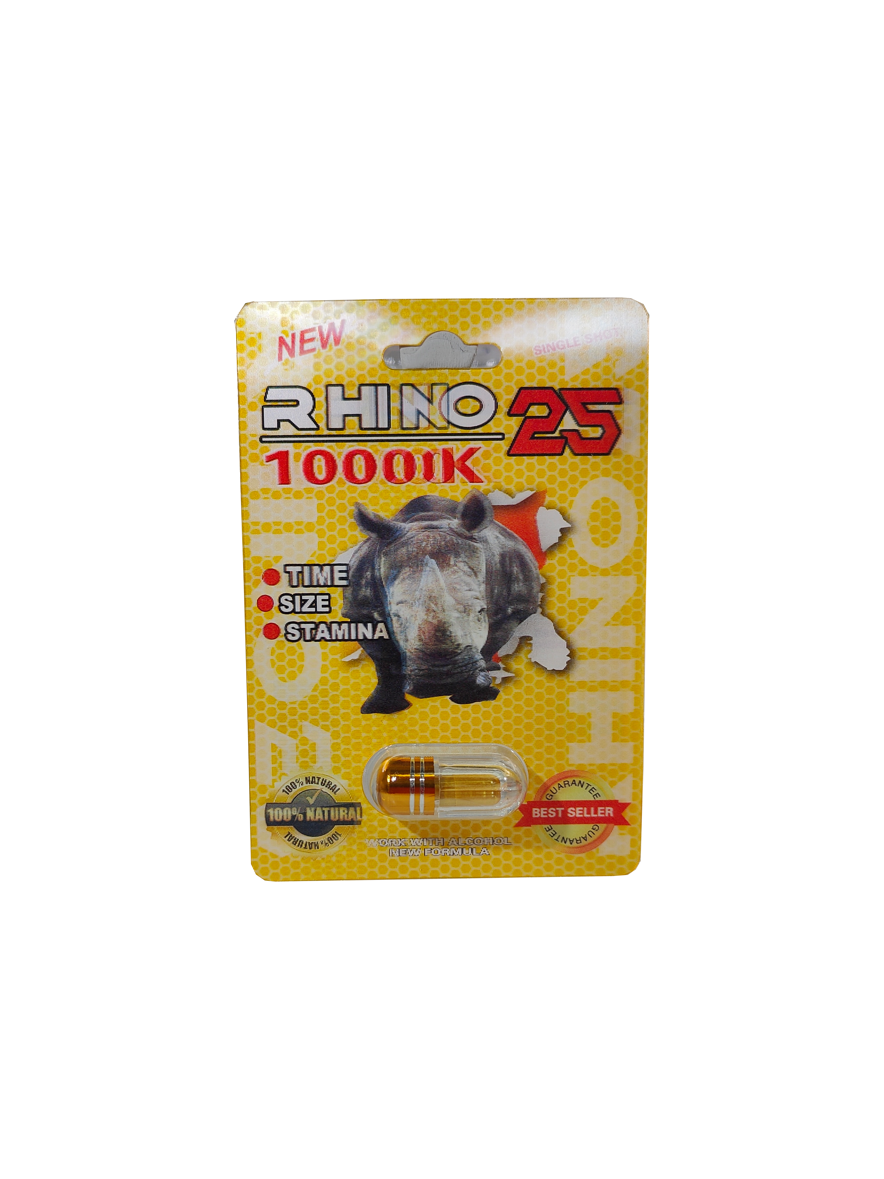 Single capsule packet of Rhino 25 10000K, a male enhancement supplement pill.