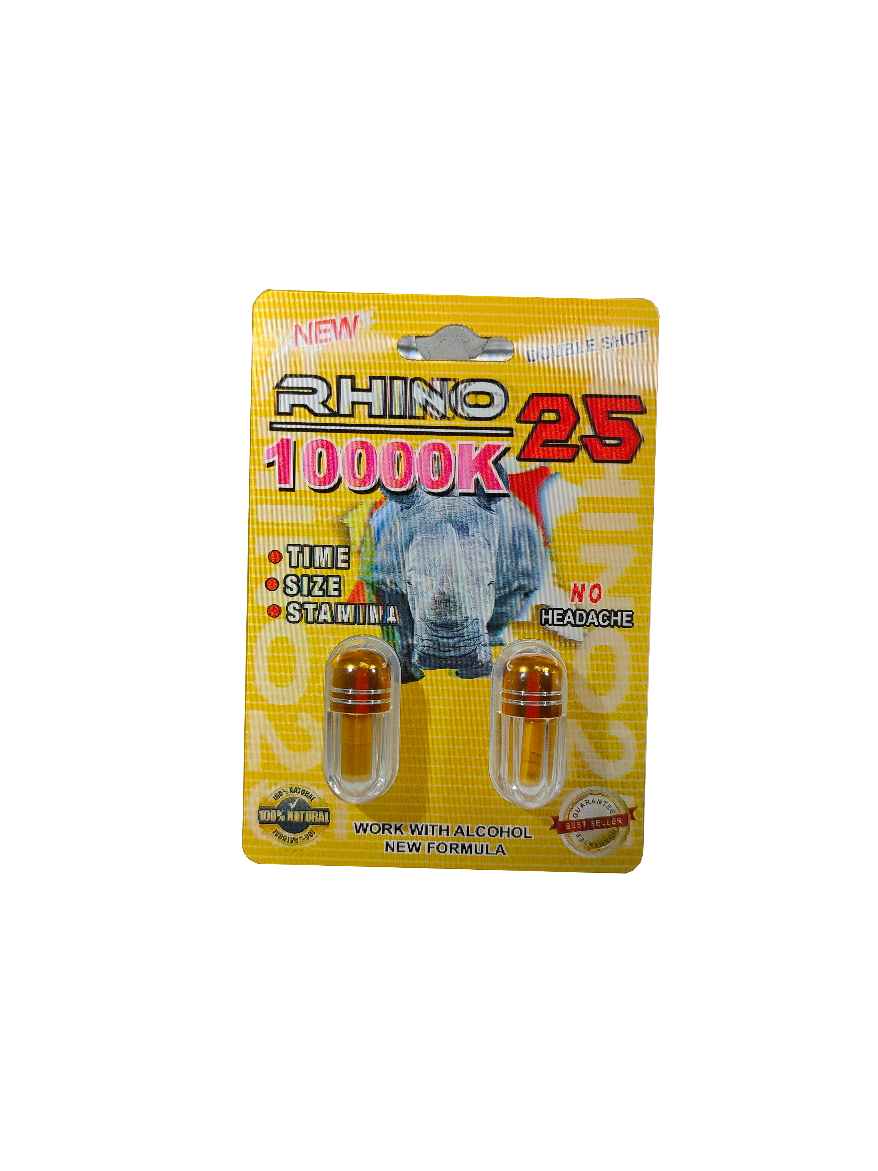 Double capsule packet of Rhino 25 10000K, a male enhancement supplement in pill form.