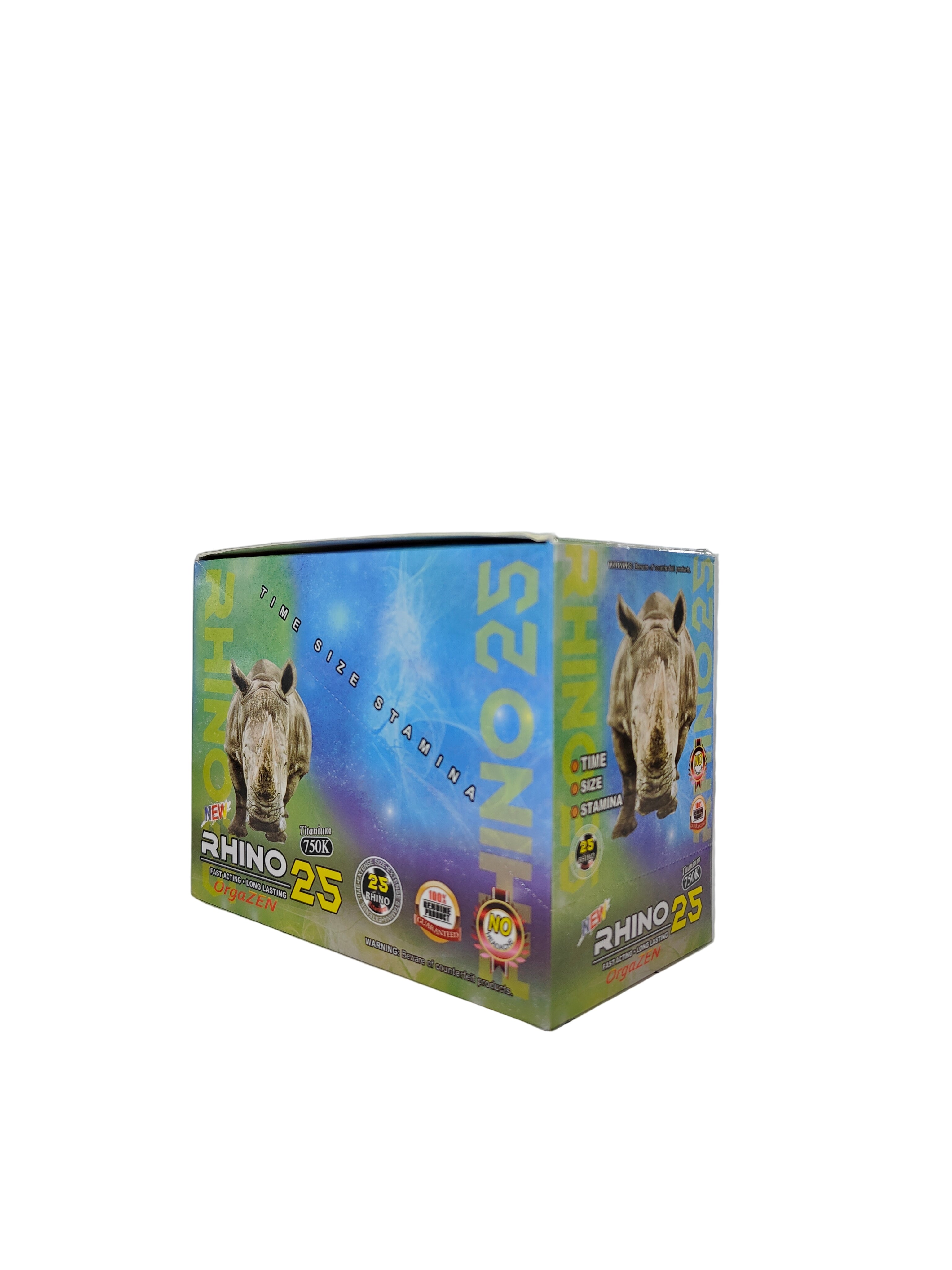 Front view of Rhino 25 Titanium 750K display box, a male stamina enhancement supplement in pill form.