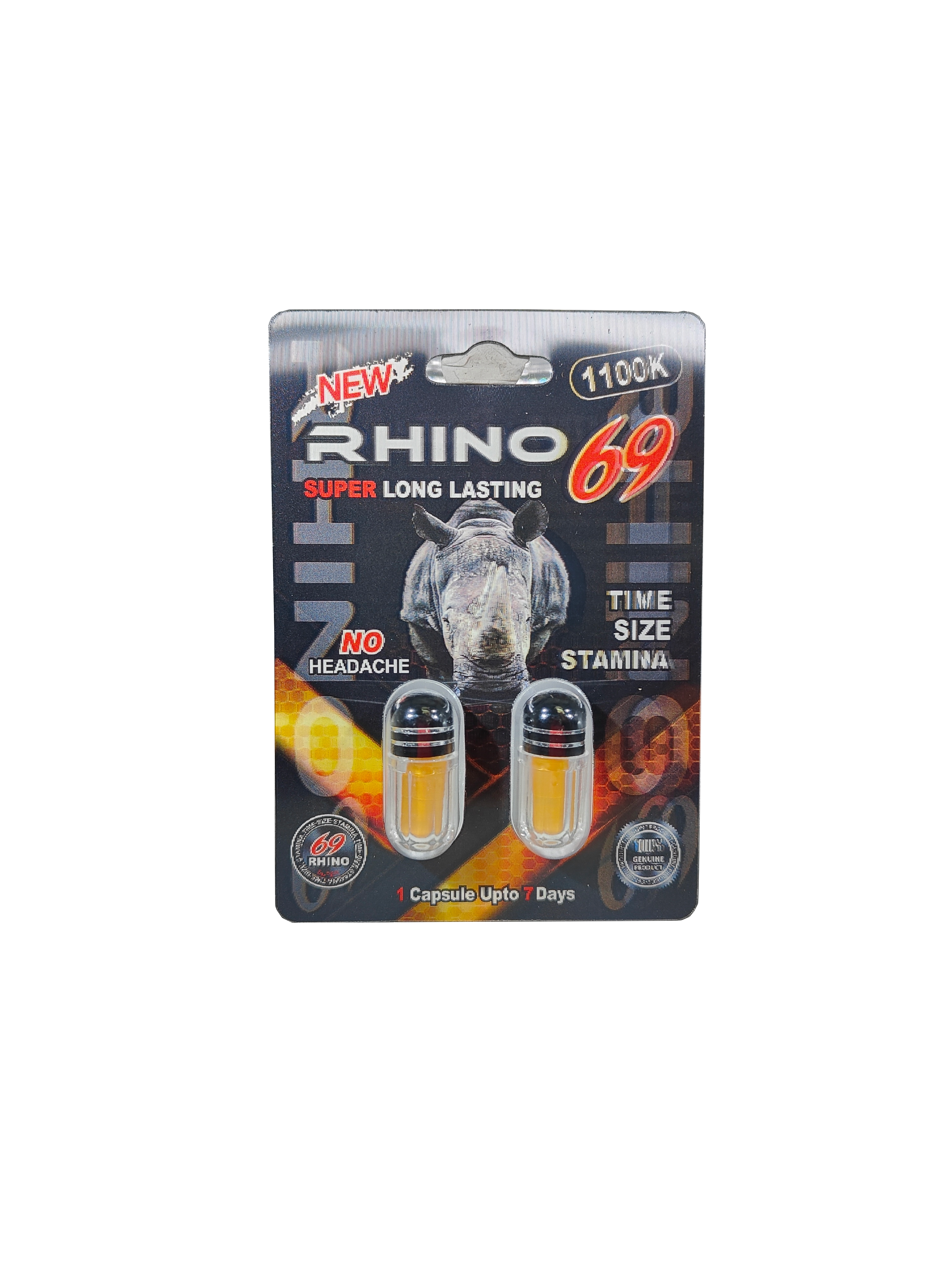 Double capsule packet for Rhino 69 1100K, a premium male stamina supplement pill.