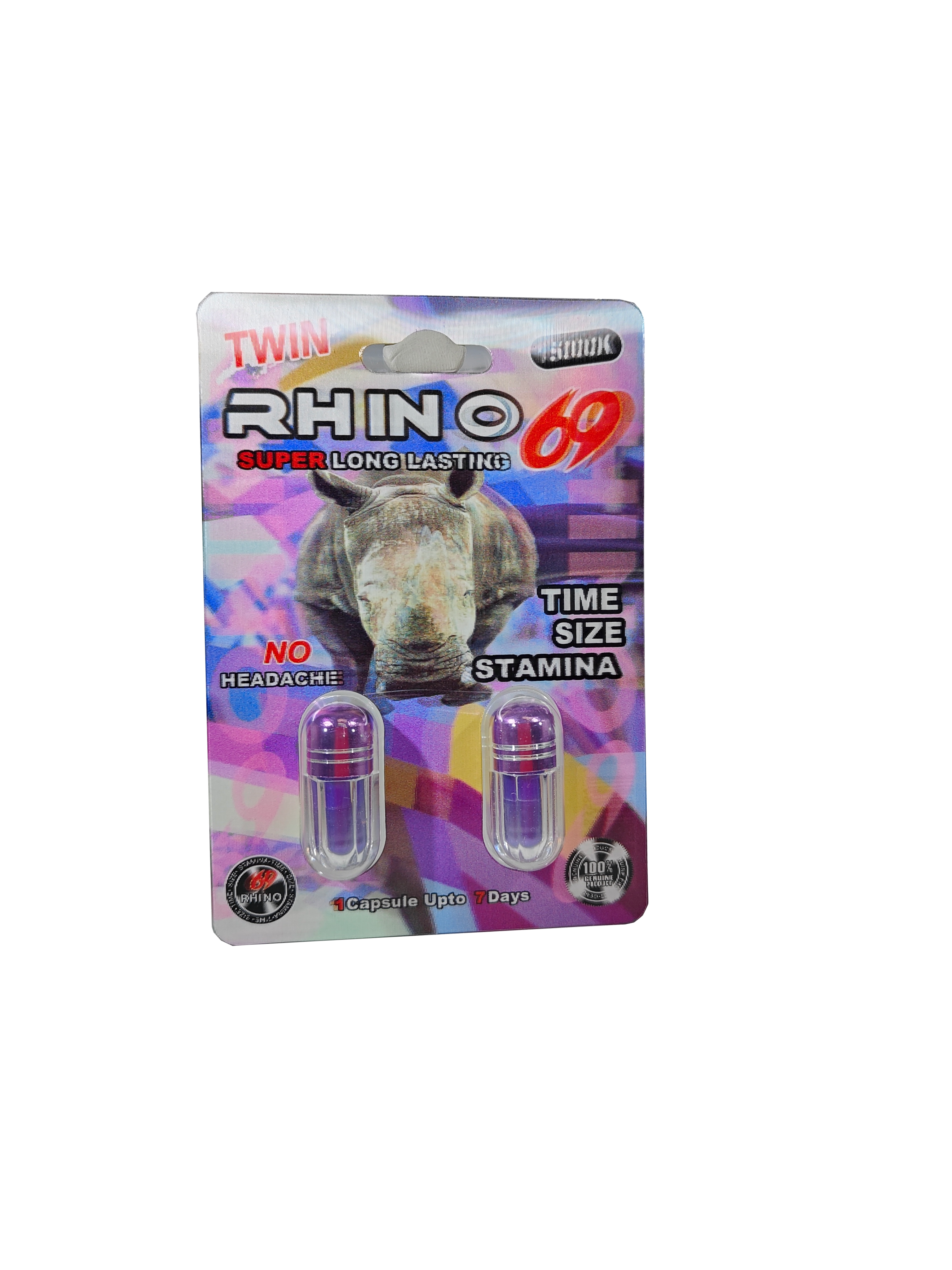 Double capsule packet of Rhino 69 15000K, a male stamina enhancement supplement pill.