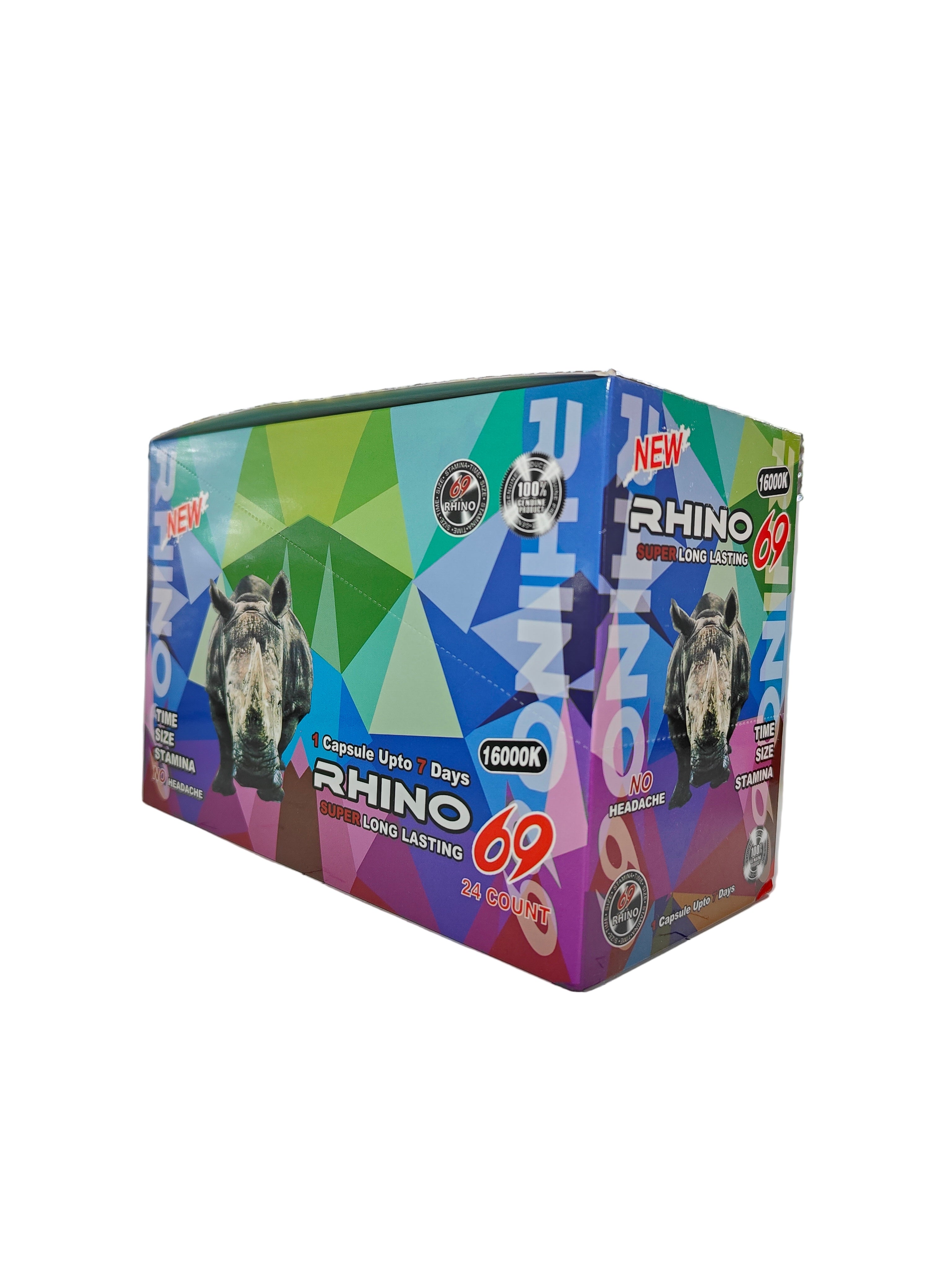 Front view of Rhino 69 16000K display box, a new male stamina enhancement supplement in pill form.