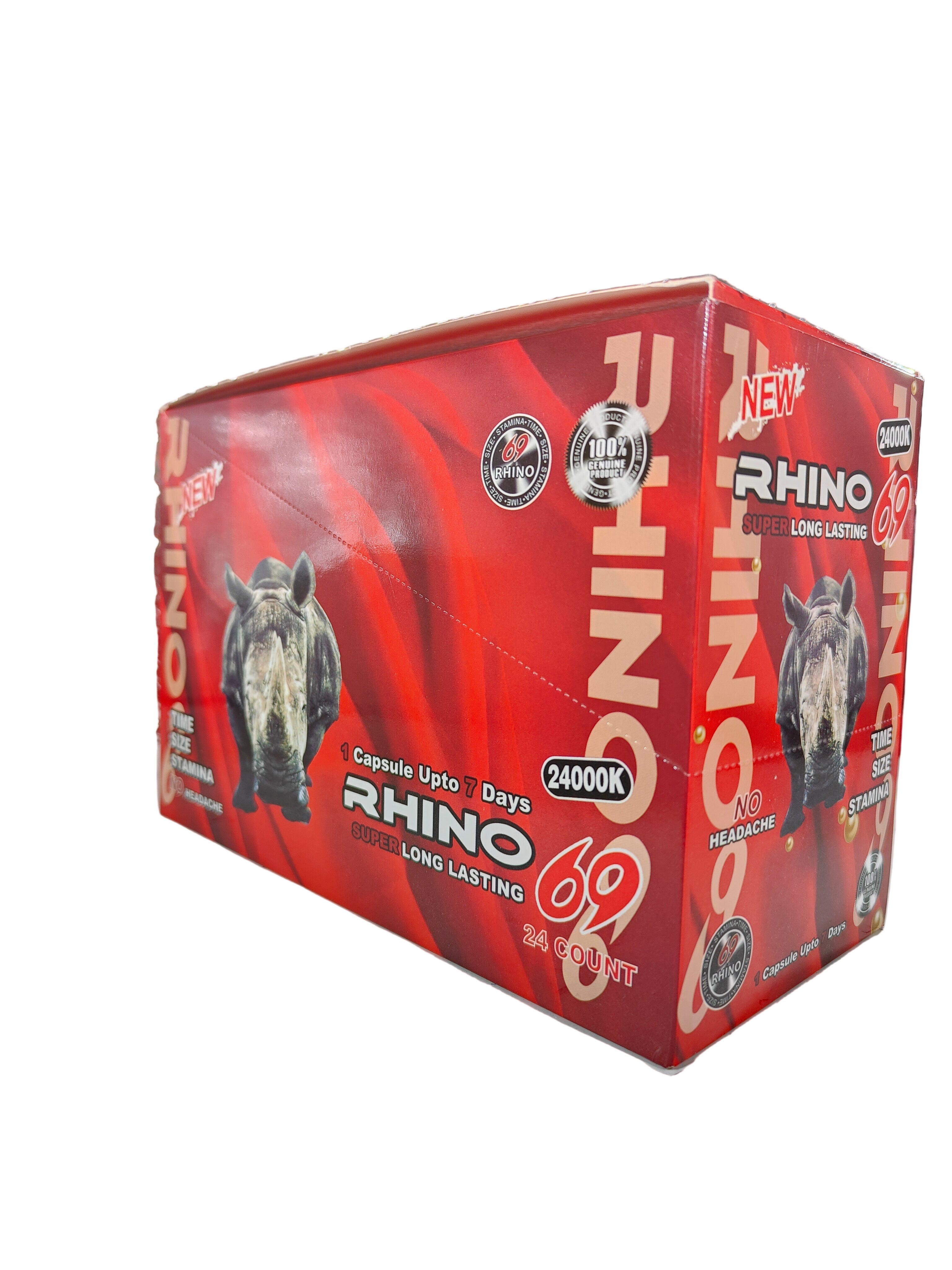 Front View of Rhino 69 24000K display box, a male enhancement supplement in pill form.