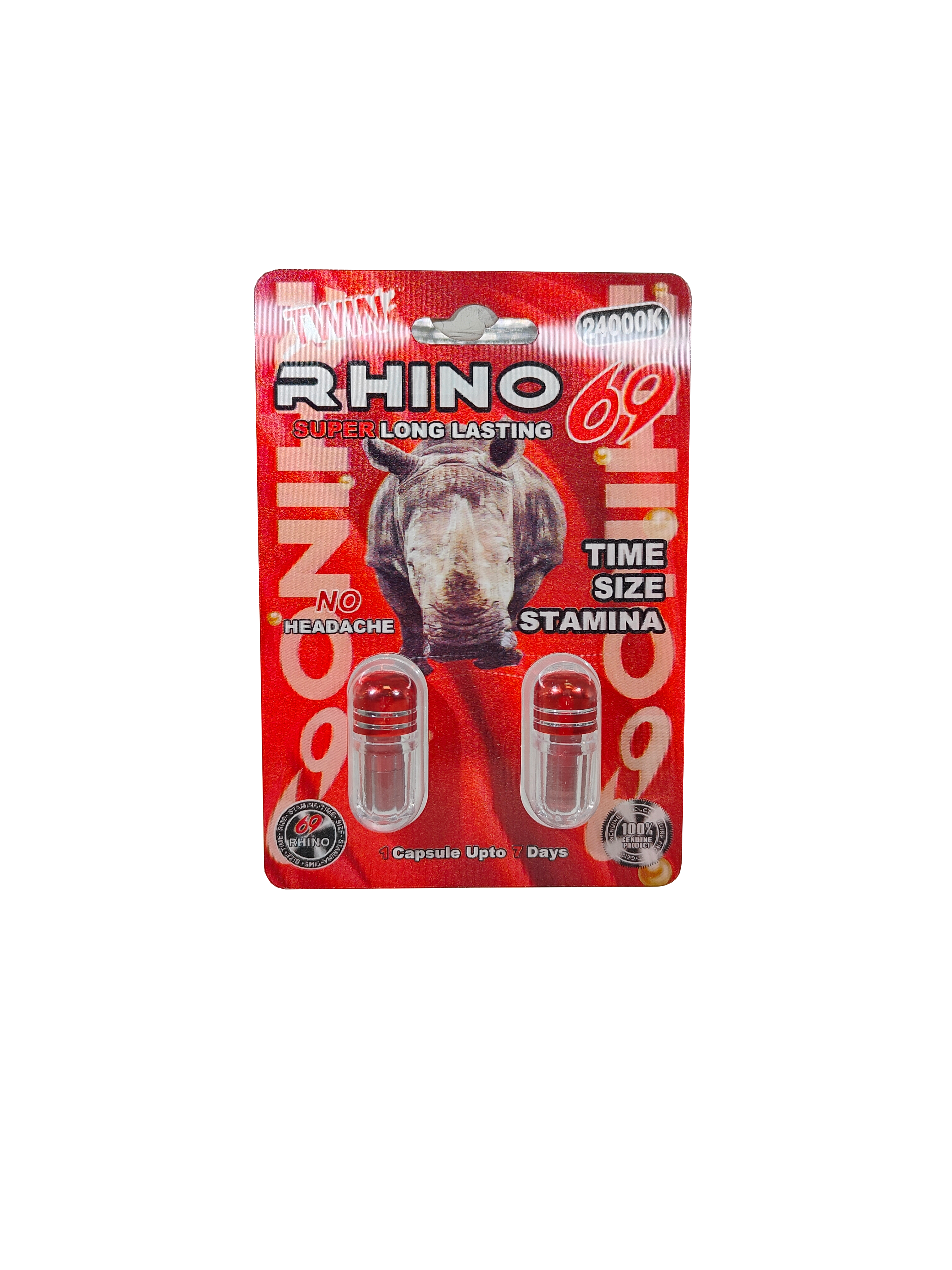 Double capsule packet of Rhino 69 24000K, a male enhancement supplement in pill form.