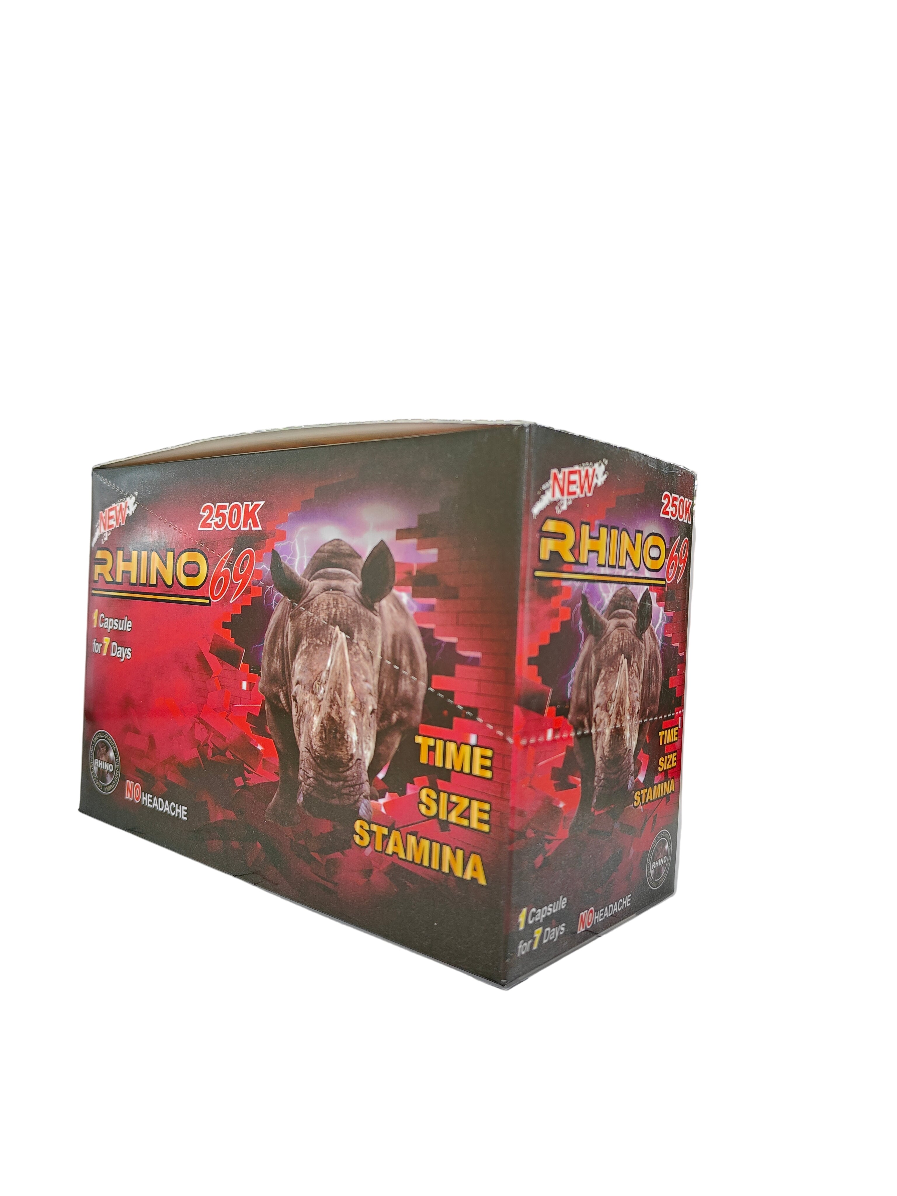 Front view of Rhino 69 250K display box, a new male stamina enhancement supplement in pill form.