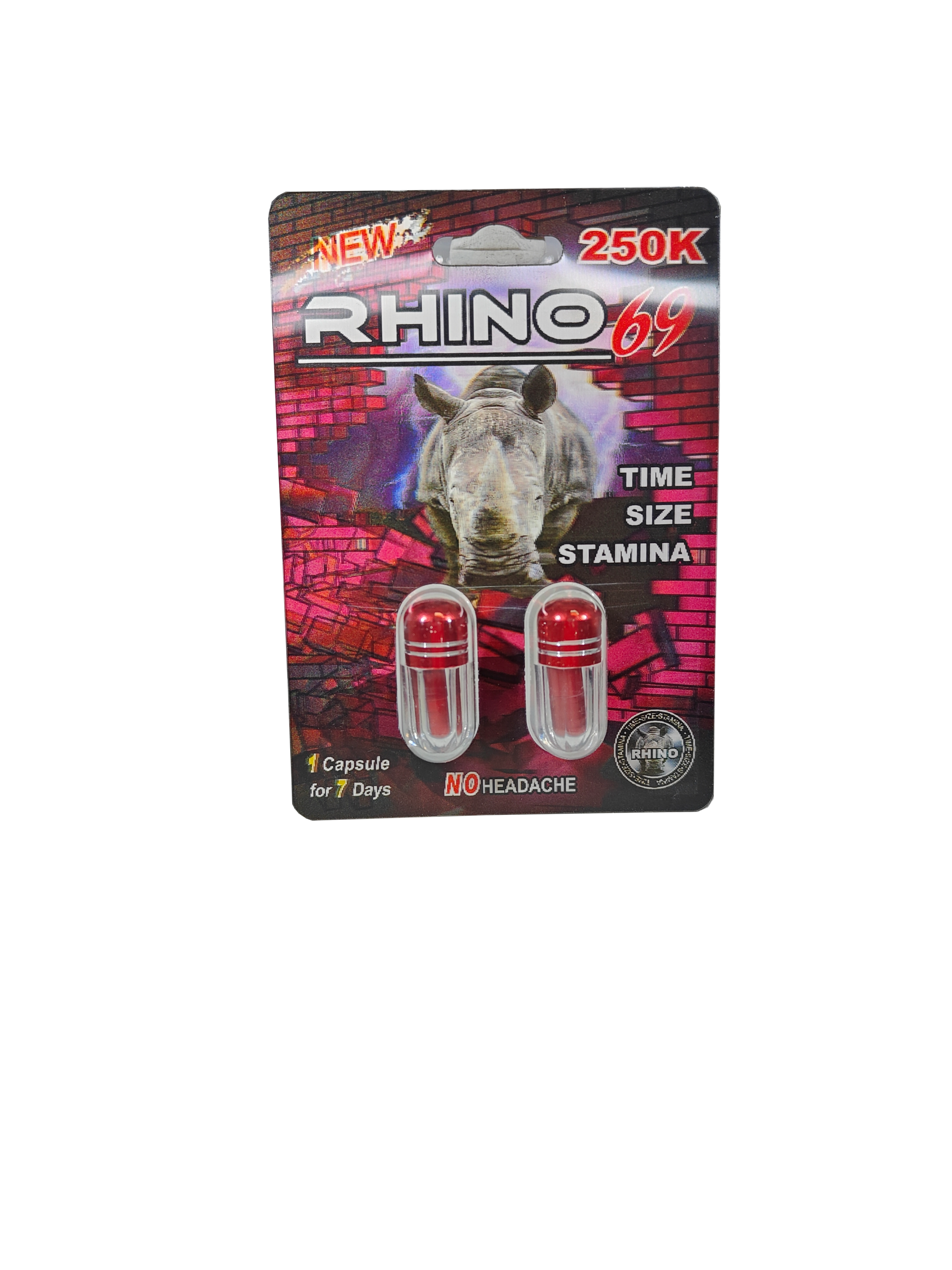 Double capsule packet of Rhino 69 250k, a new male stamina enhancement supplement pill.