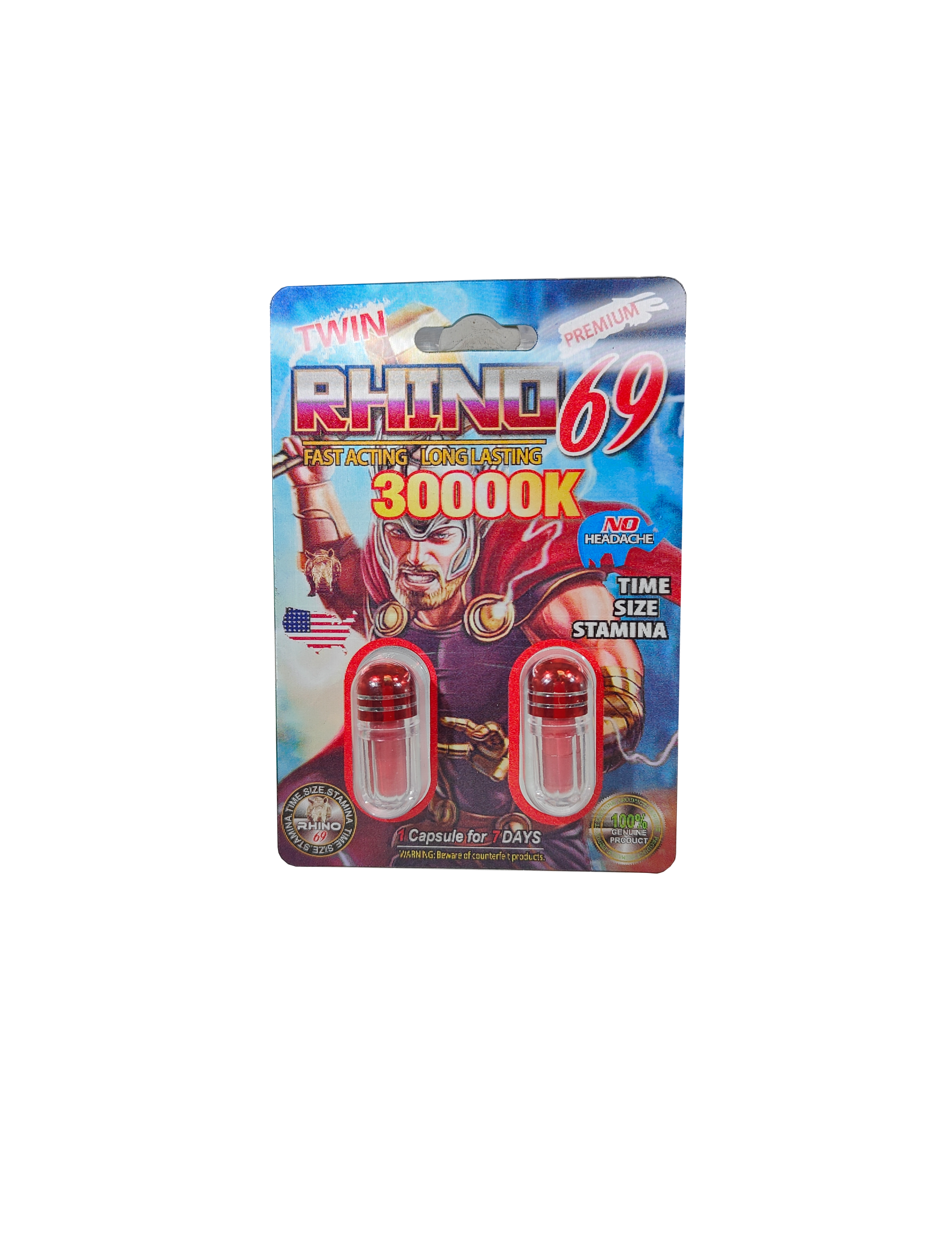 Double capsule packet of Rhino 69 30000K, a male enhancement supplement in pill form with a Thor design.