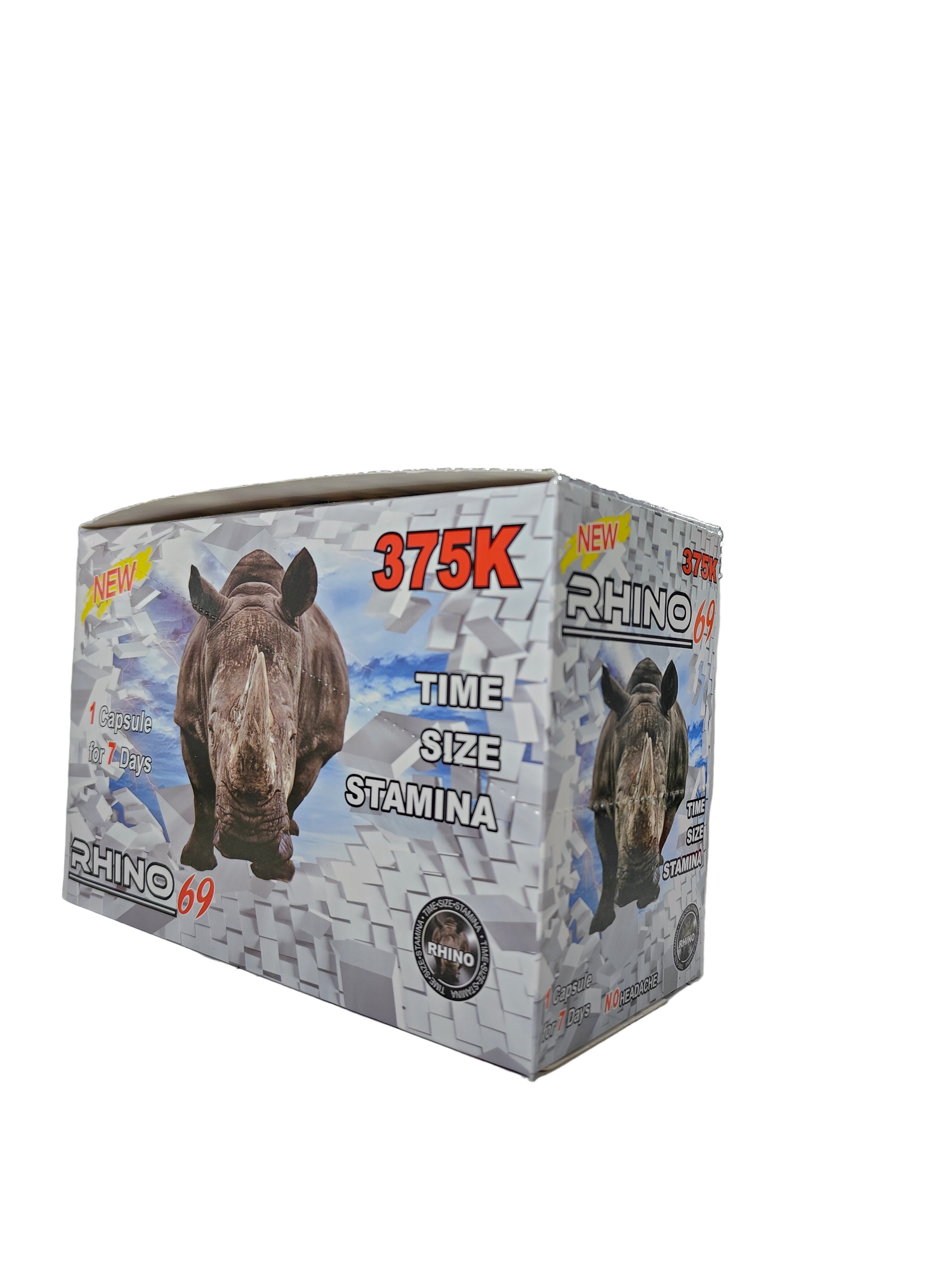Front view of Rhino 69 375K display box, a new male stamina enhancement supplement in pill form.