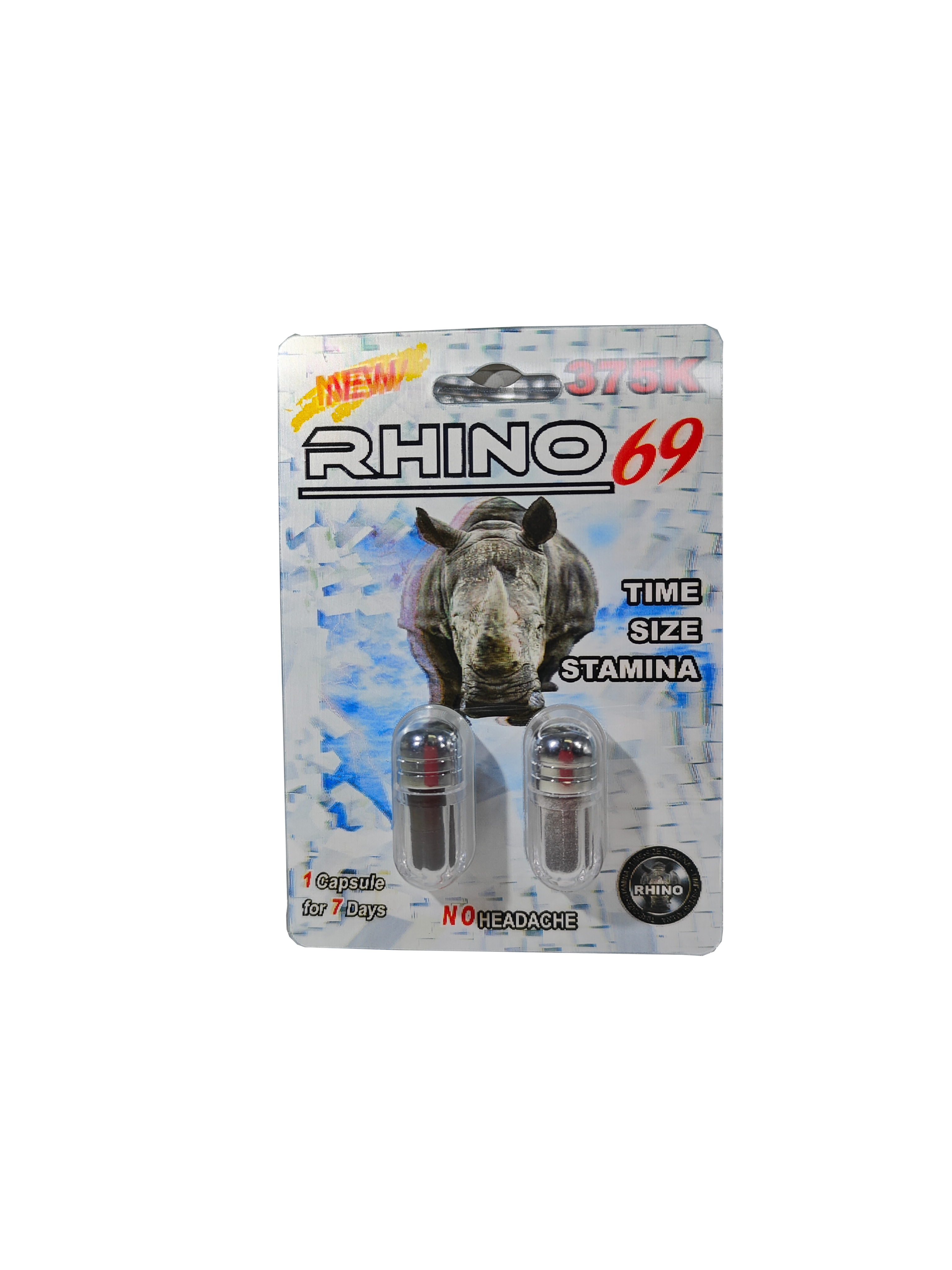 Double Capsule packet of Rhino 69 375K, a male stamina enhancement supplement pill.