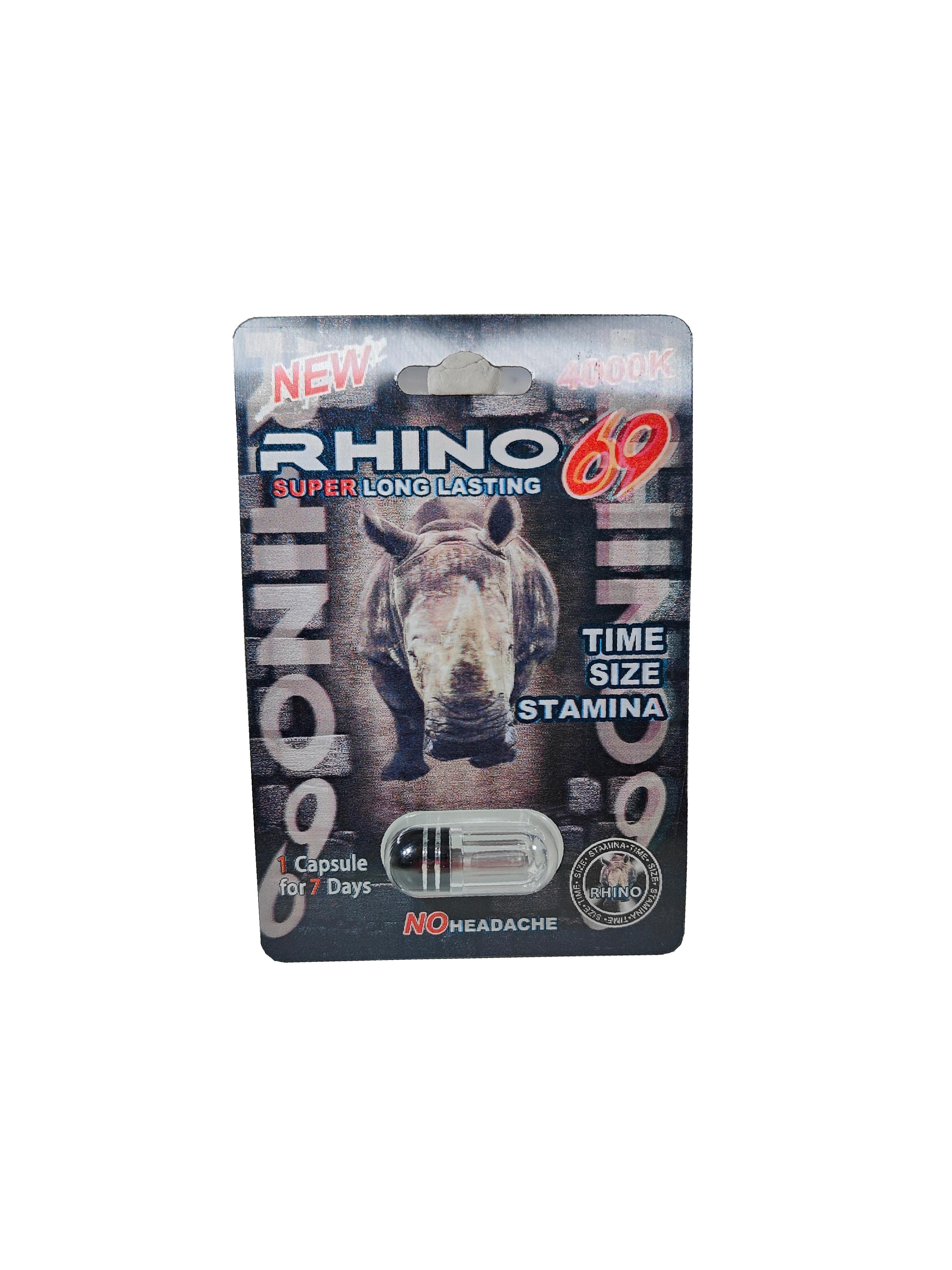 Single packet of Rhino 69 4000K, a male stamina enhancement supplement in the form of a pill.
