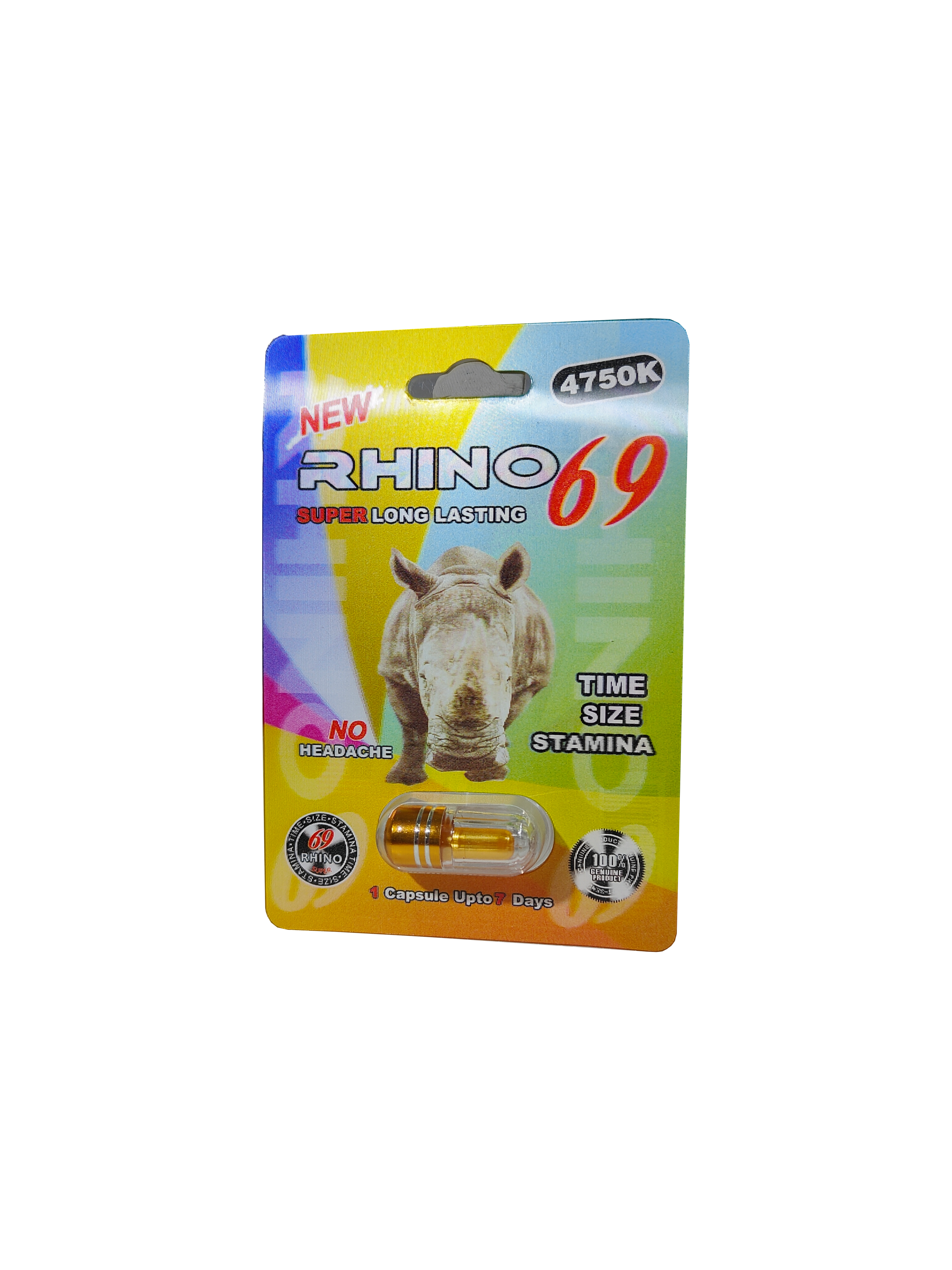 Single capsule packet of Rhino 69 4750K, a male stamina enhancement supplement in pill form.