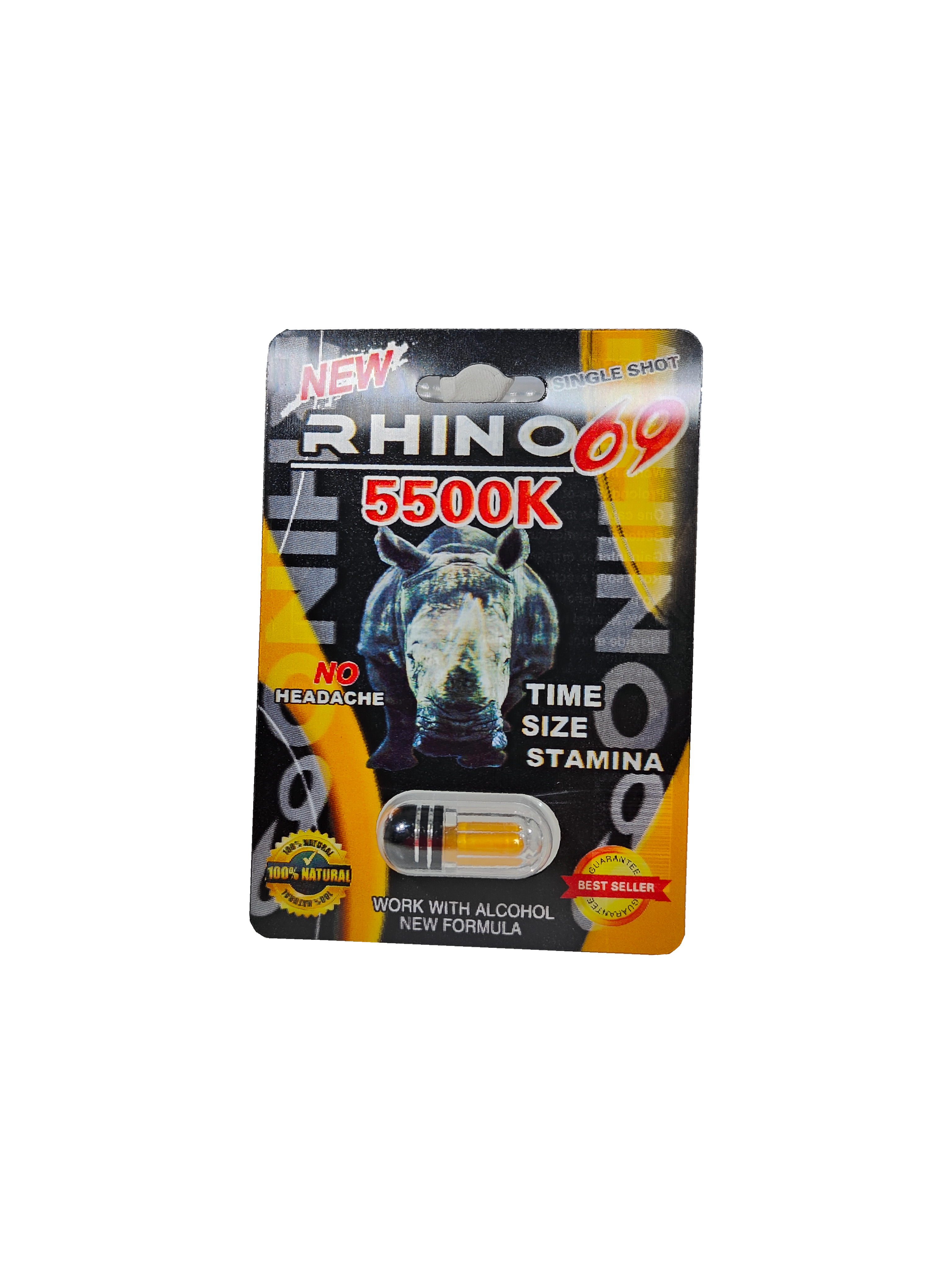 Single capsule packet of Rhino 69 5500K, a male stamina enhancement pill.