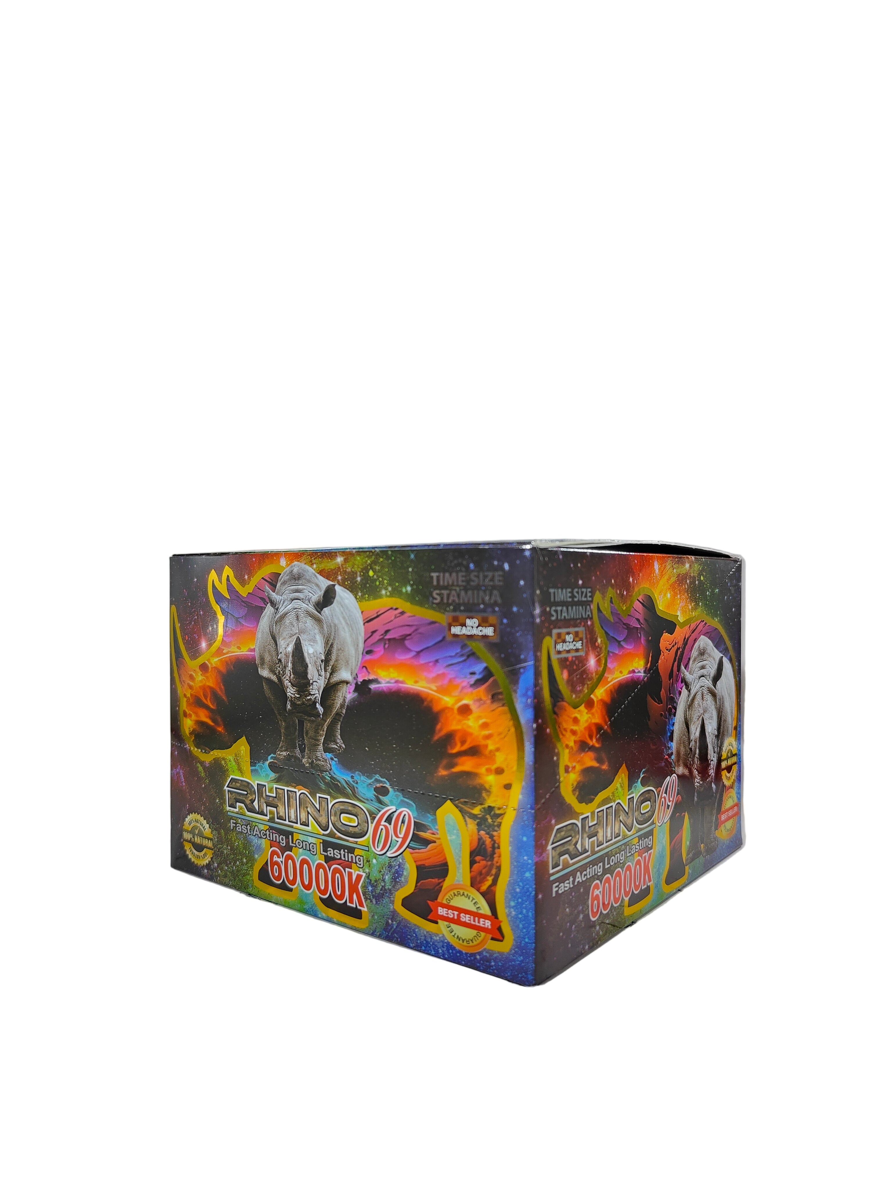 Front view of Rhino 69 60000K display box, a male stamina enhancement supplement in pill form.