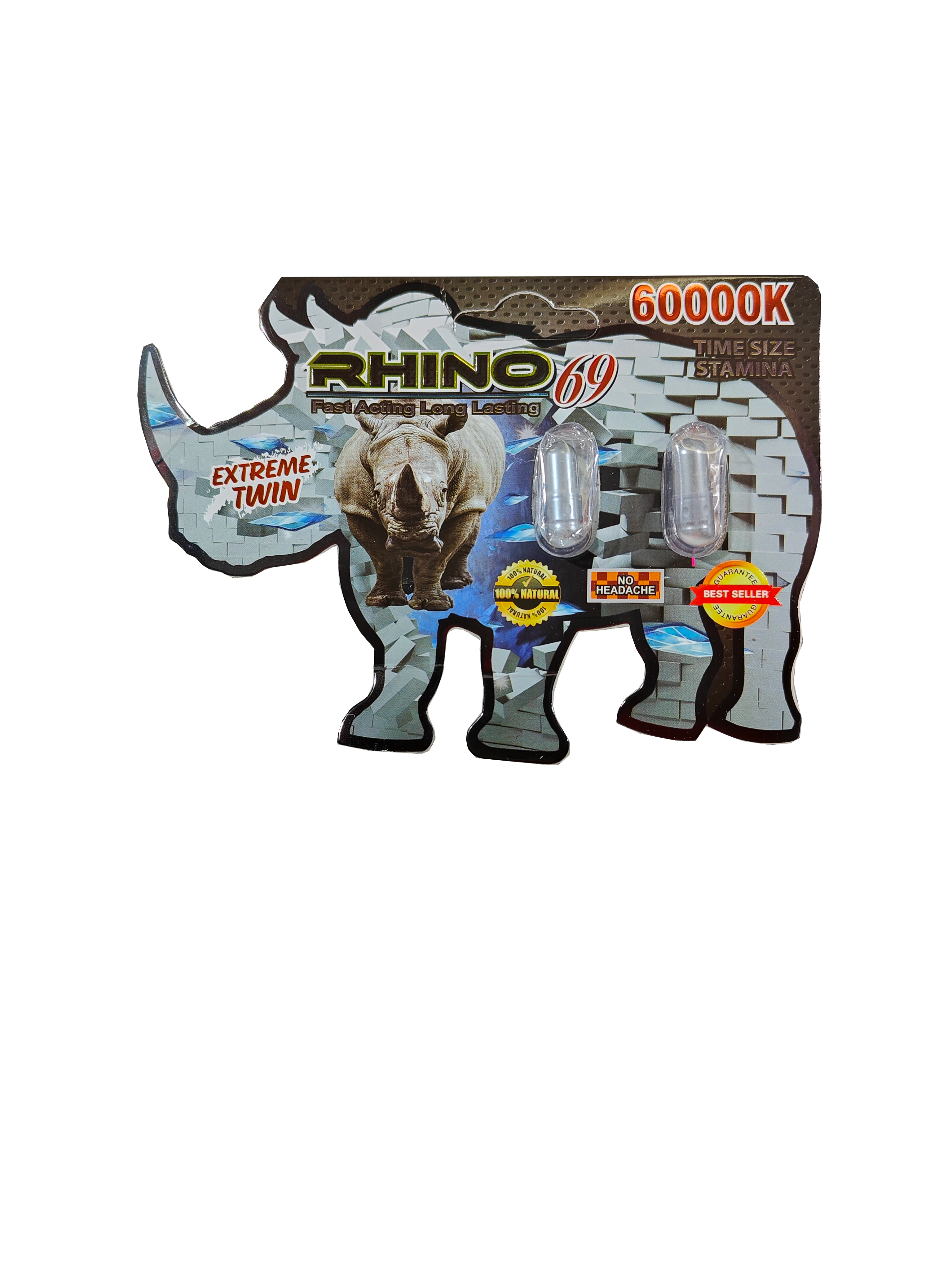 Double capsule packet of Rhino 69 60000K. A male enhancement supplement in pill form.