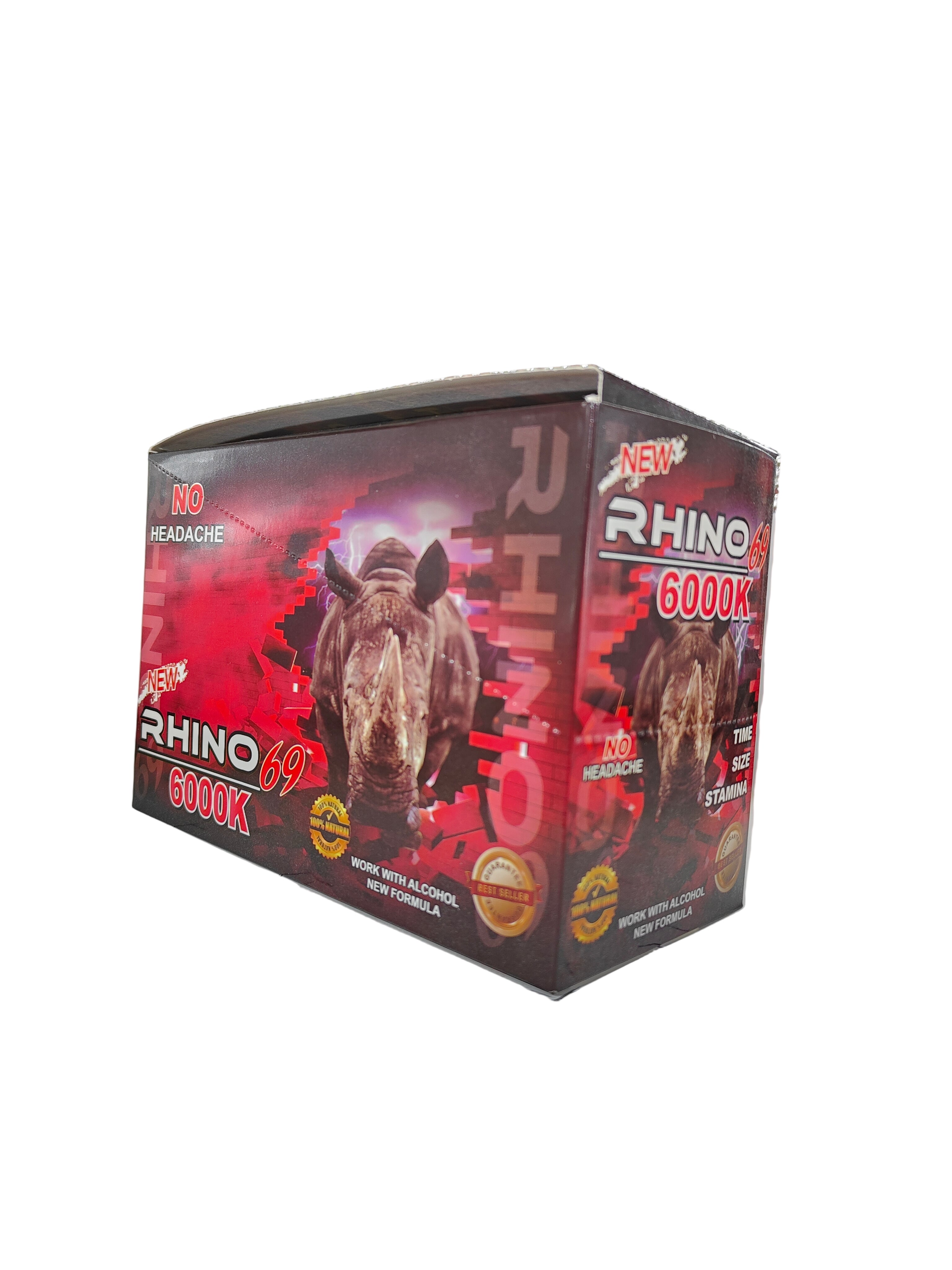 Front view of Rhino 69 6000K display box, a new male stamina enhancement supplement in pill form.