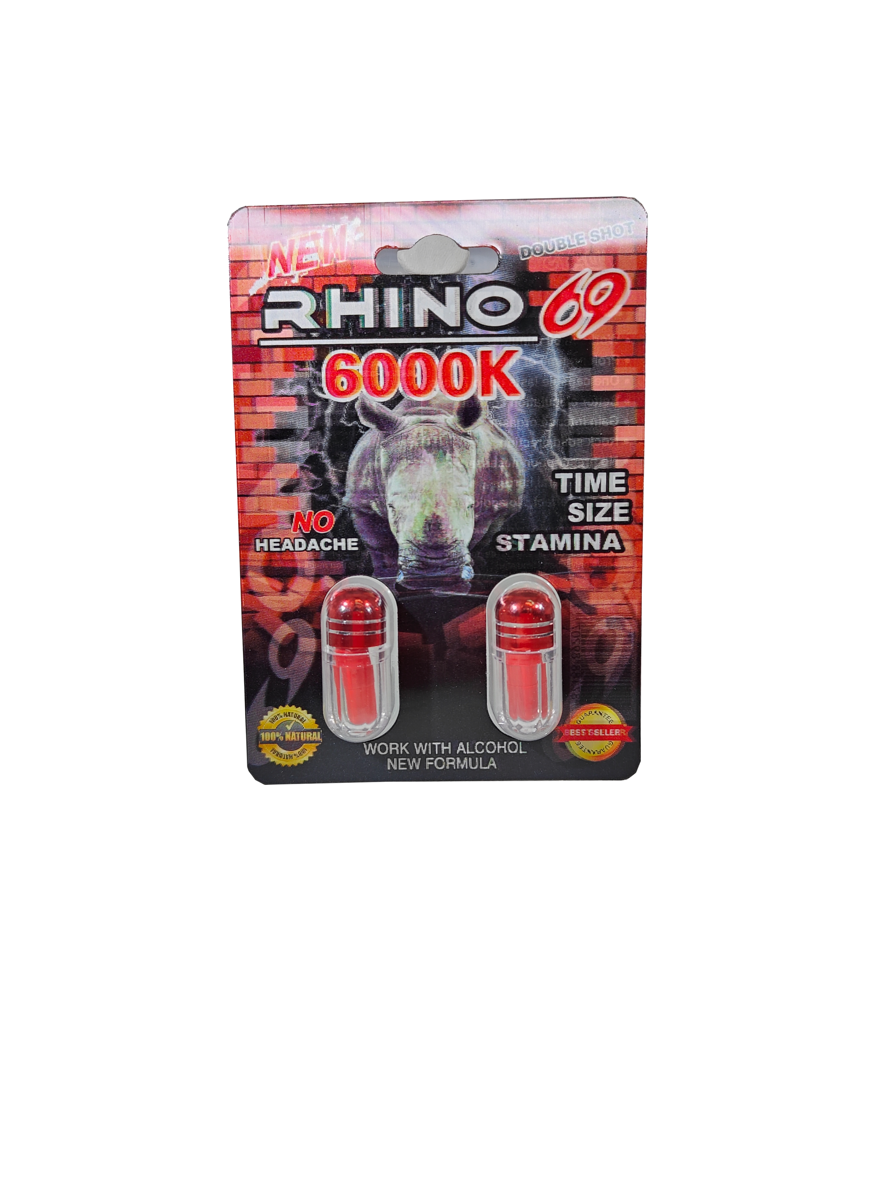 Double capsule packet of Rhino 69 6000K, a new male enhancement supplement pill.