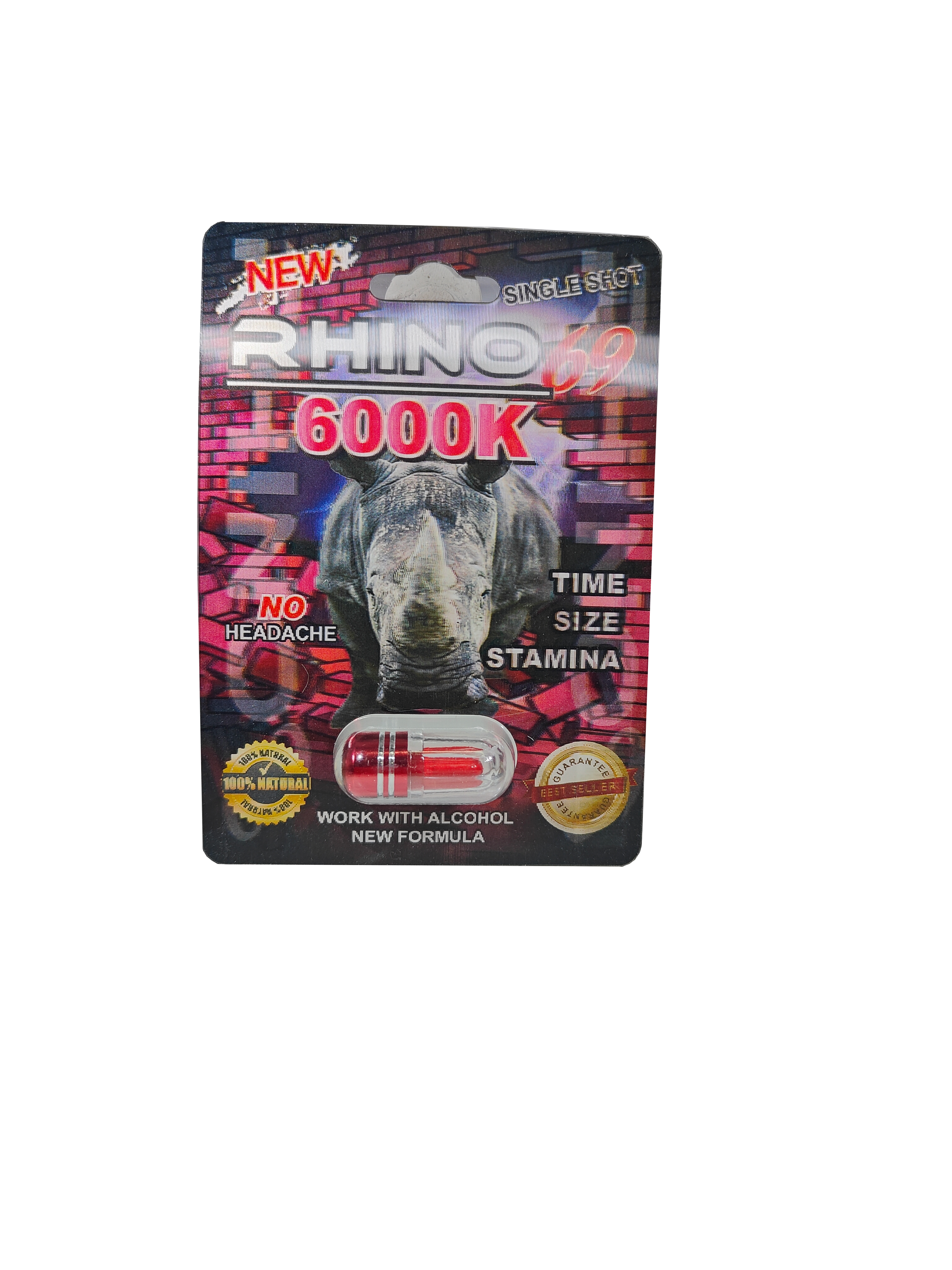 Single capsule packet of Rhino 69 6000K, A new male enhancement supplement pill.
