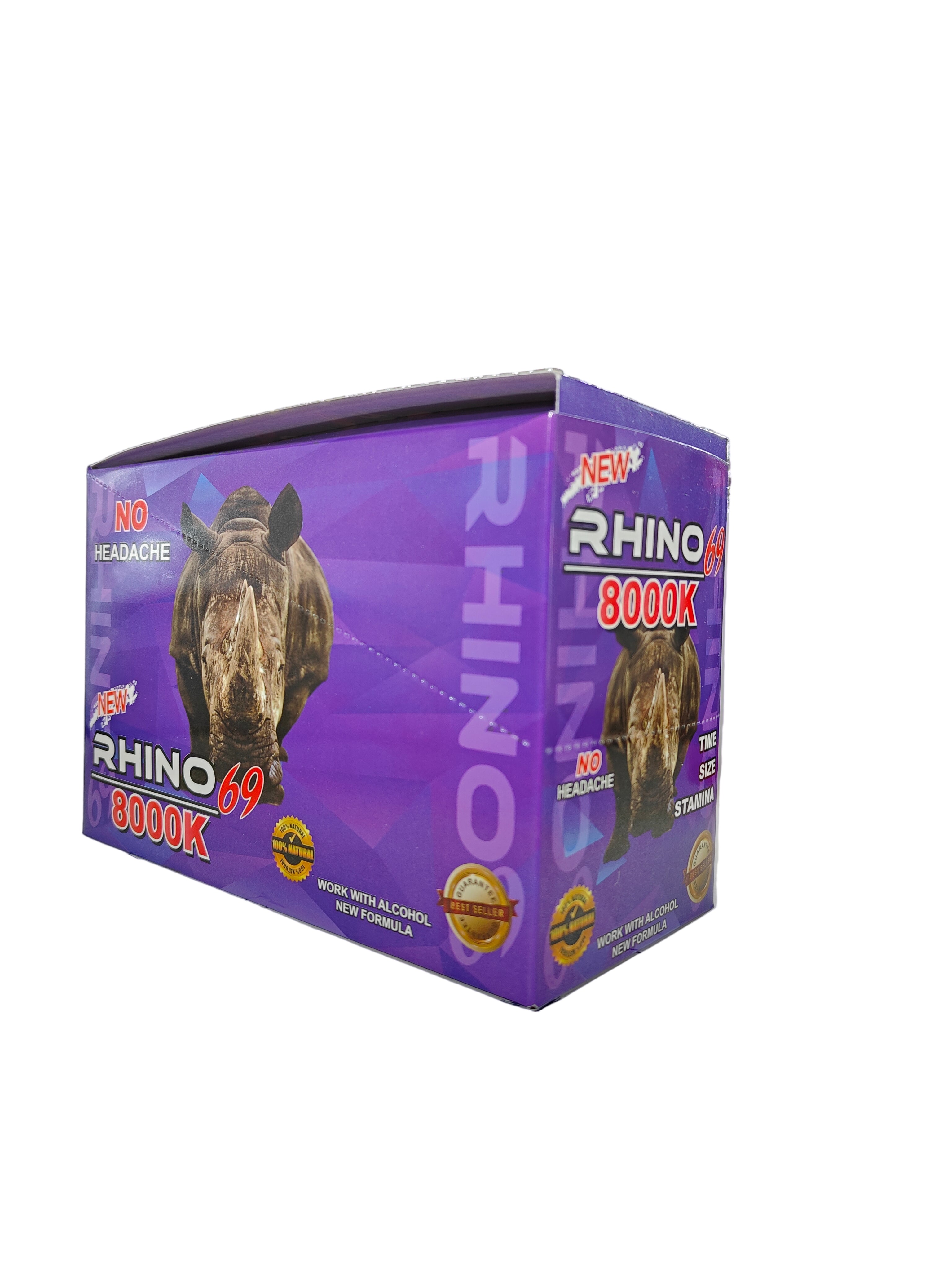 Front view of Rhino 69 8000K display box, a male stamina enhancement supplement in pill form.