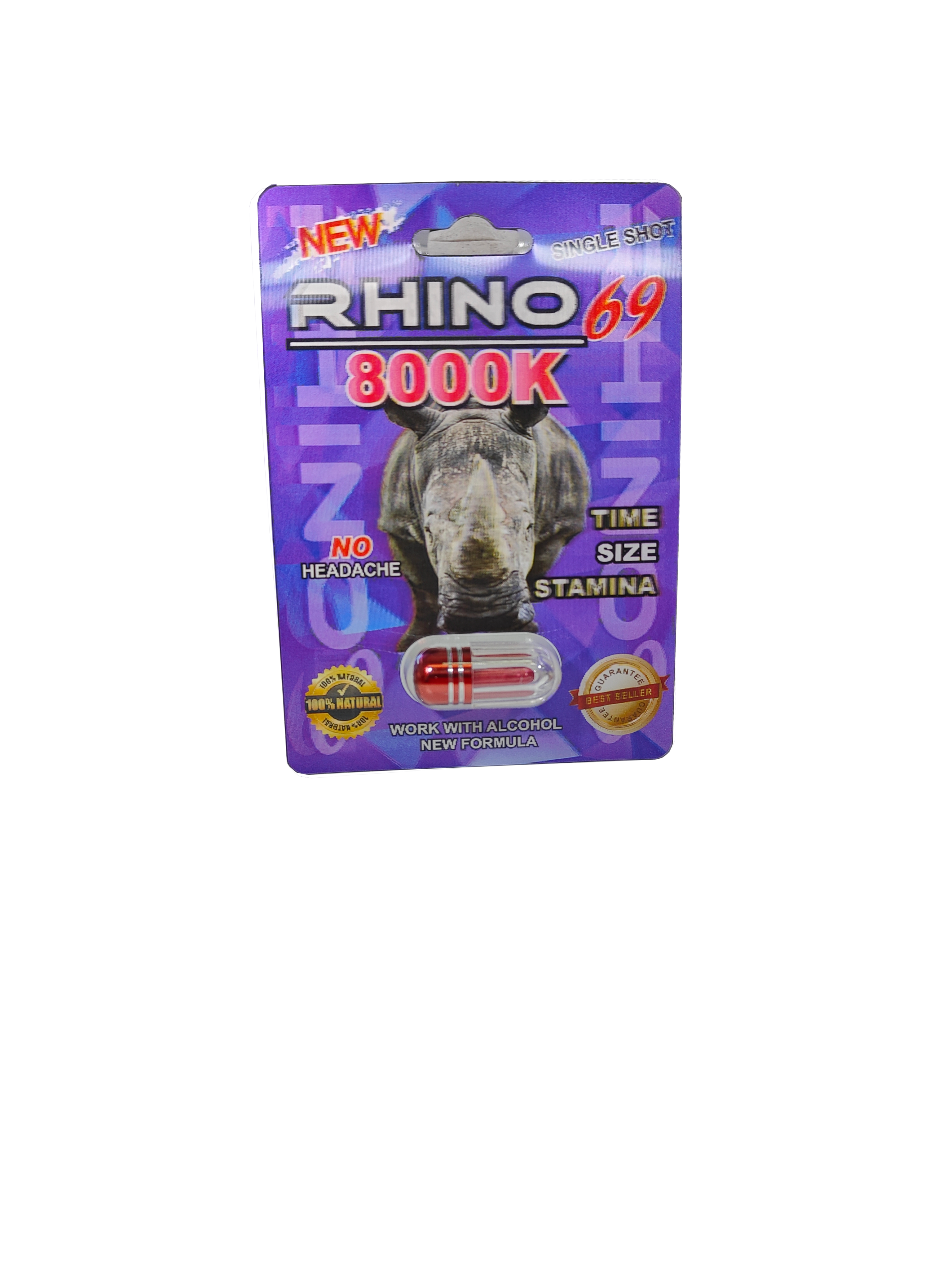 Single capsule packet of Rhino 69 8000K, a male enhancement supplement pill.