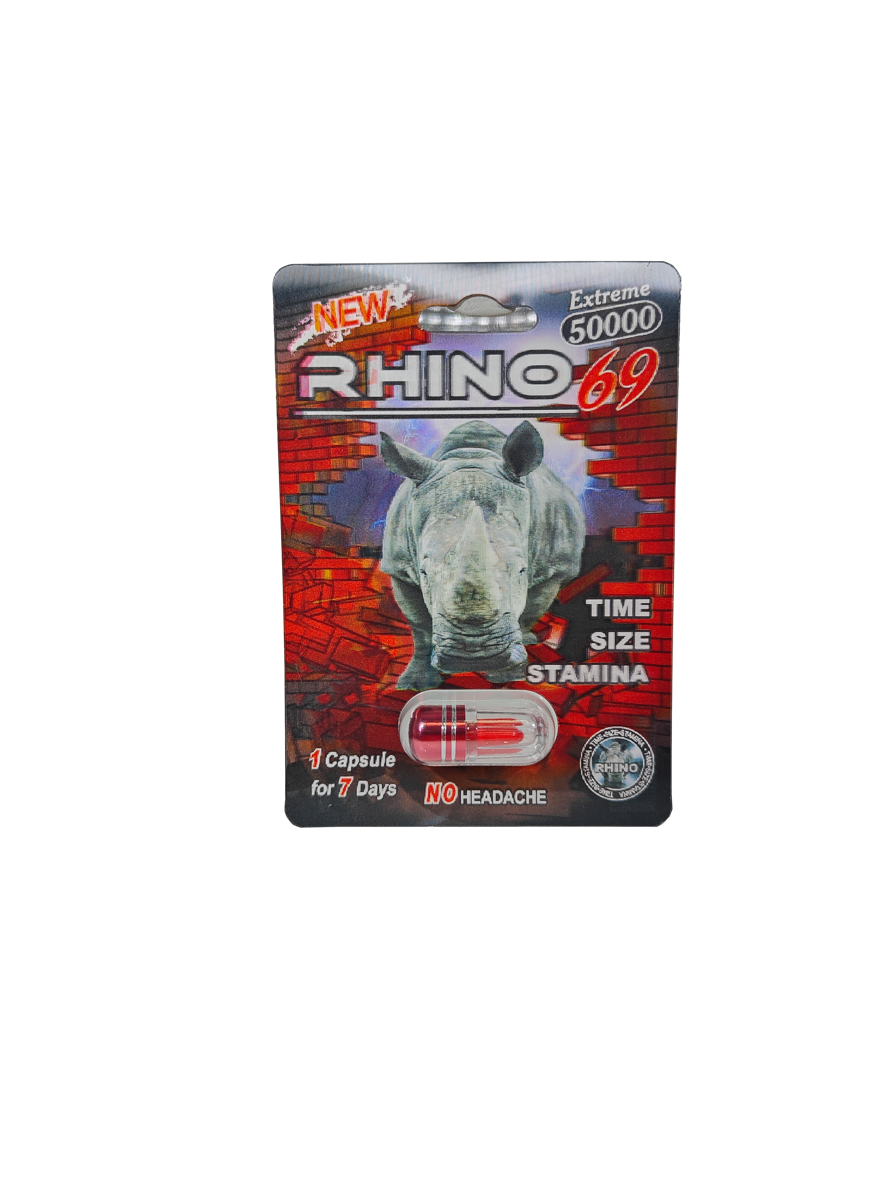 Single capsule packet of Rhino 69 Extreme 50000, a male stamina enhancement supplement pill.