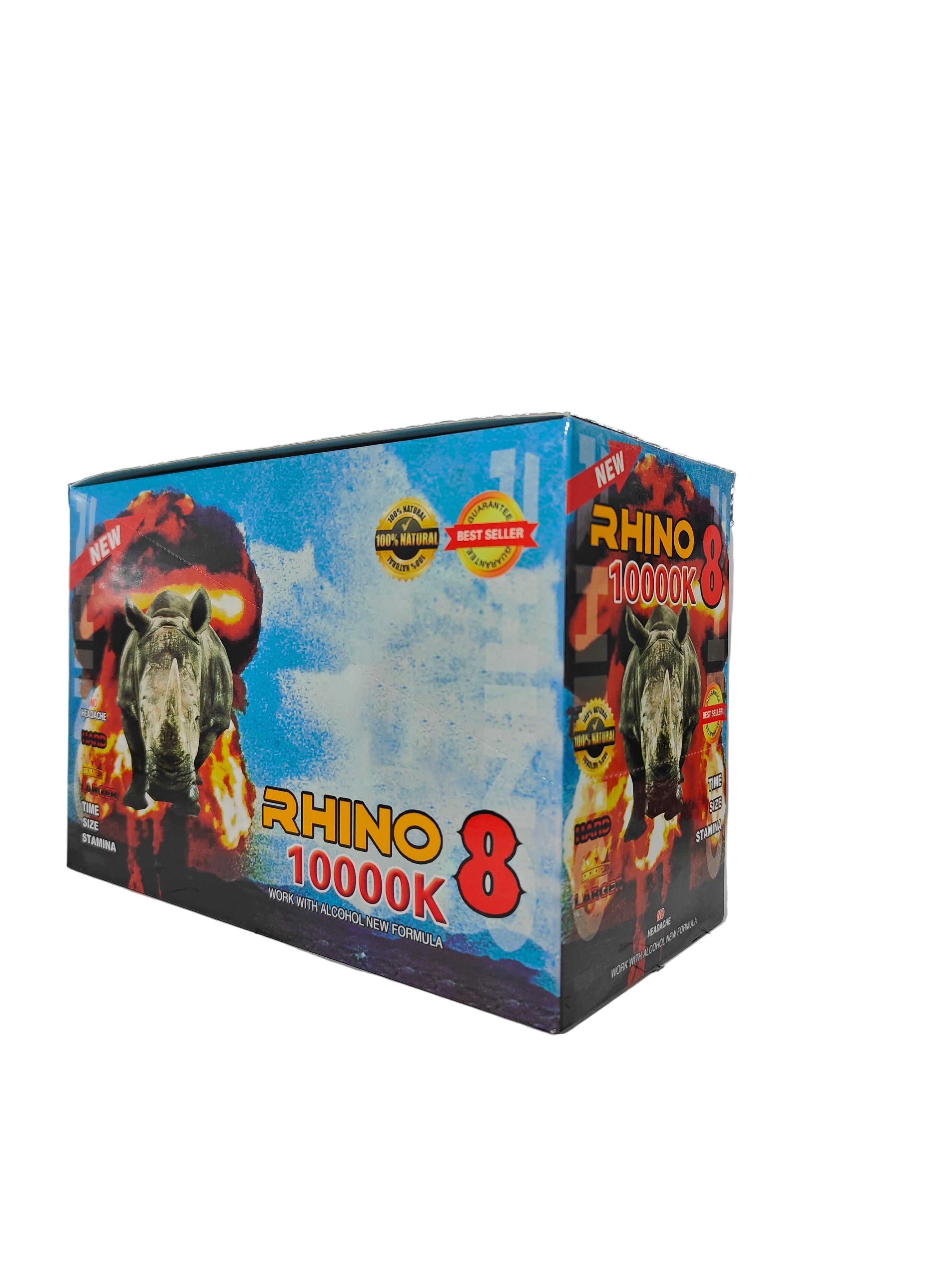 Front view of Rhino 8 10000K display box, a new male stamina enhancement supplement in pill form.