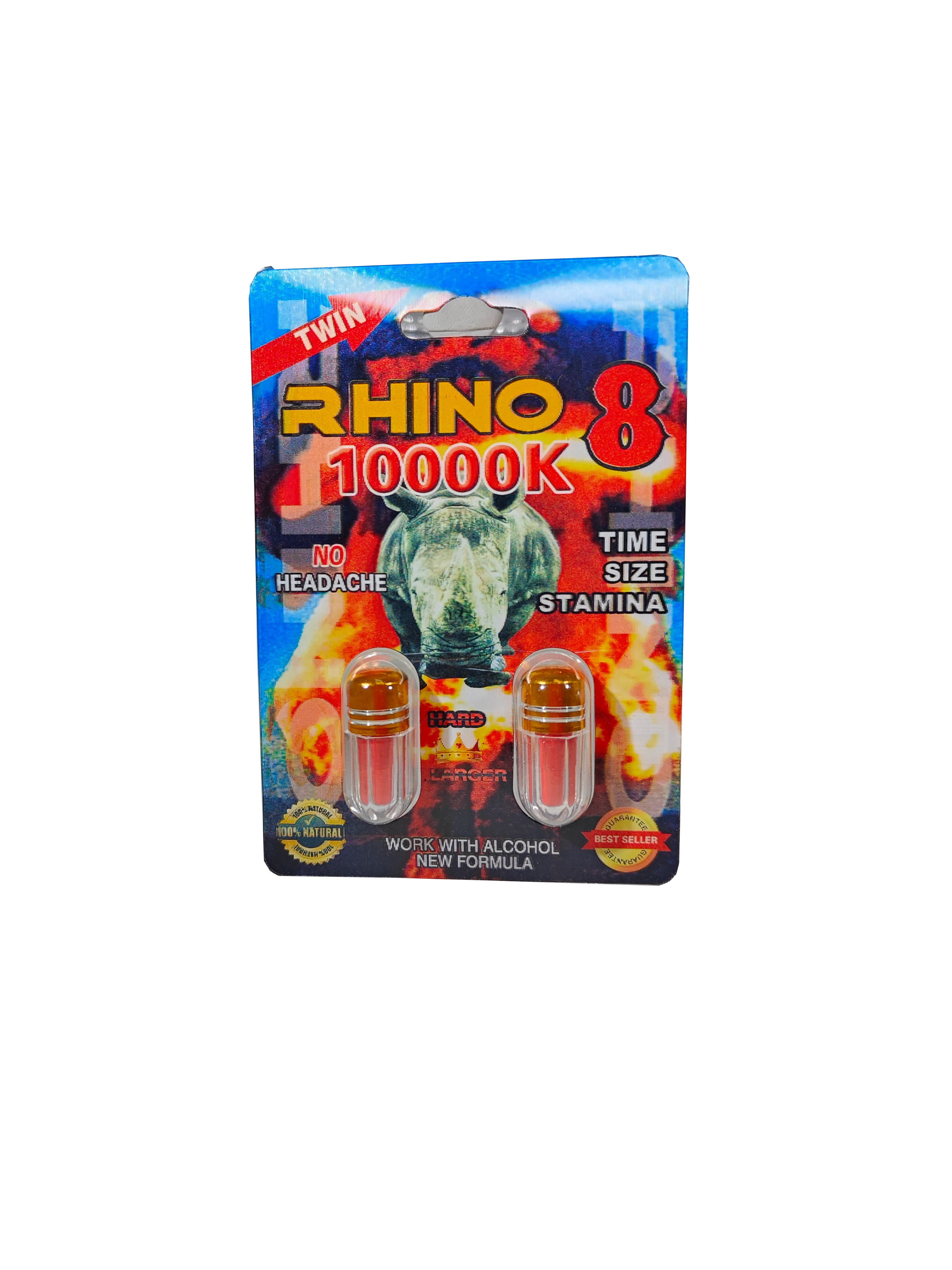 Double capsule packet of Rhino 8 10000K, a male stamina enhancement supplement pill.