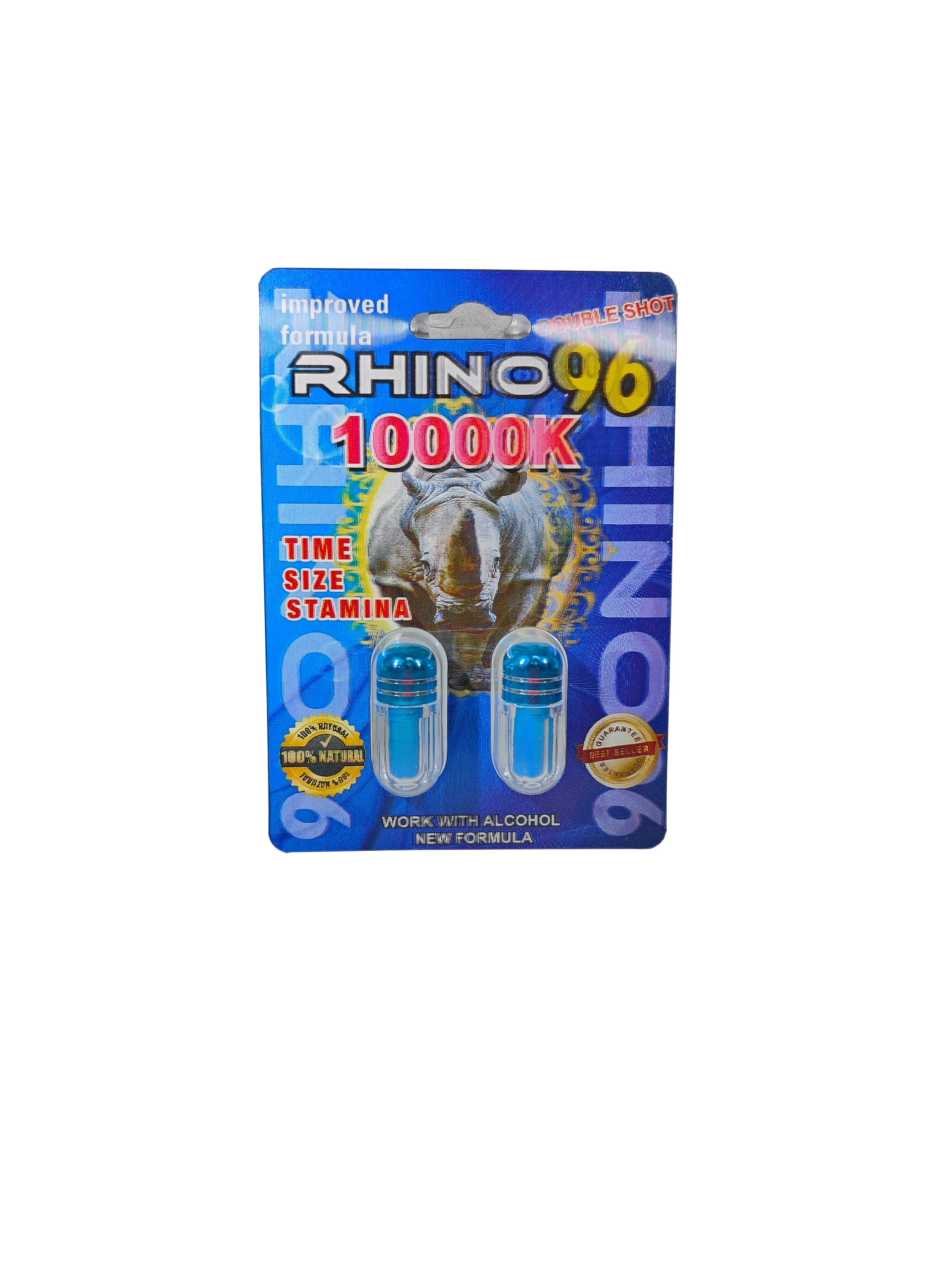 Double Capsule packet of Rhino 96 10000K, a male stamina enhancement supplement in a convenient pill form