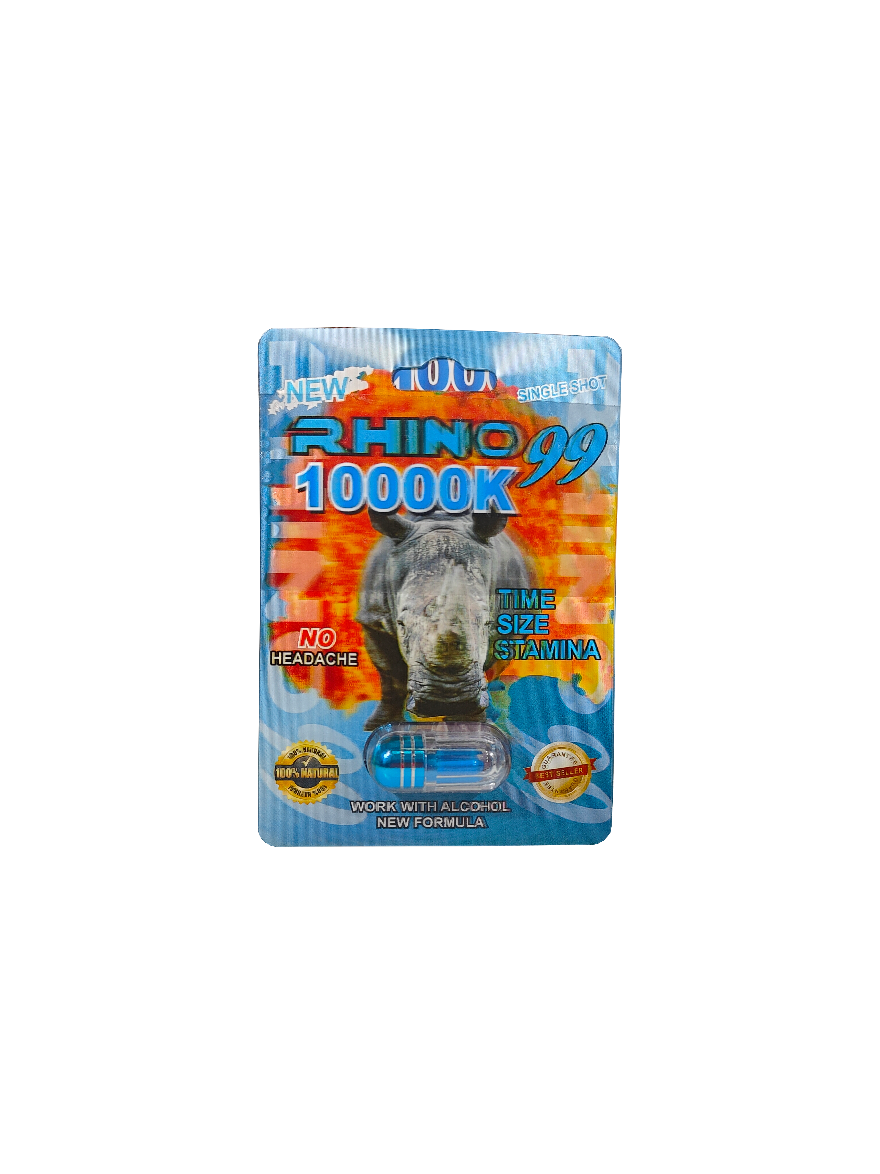 Single capsule packet of Rhino 99 10000K, A male enhancement supplement pill.