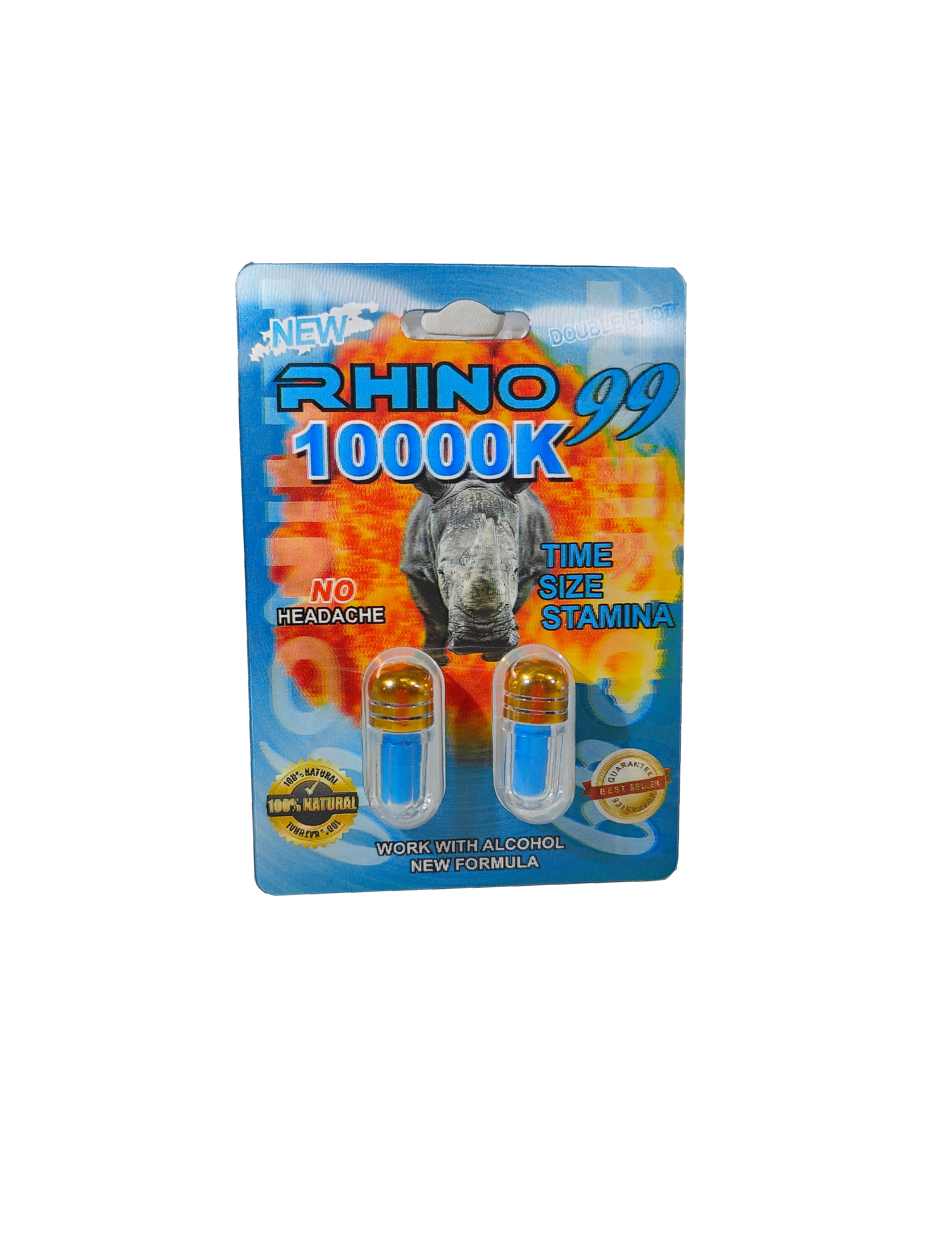 Double capsule packet of Rhino 99 10000K, a male stamina enhancement supplement in the form of a pill.