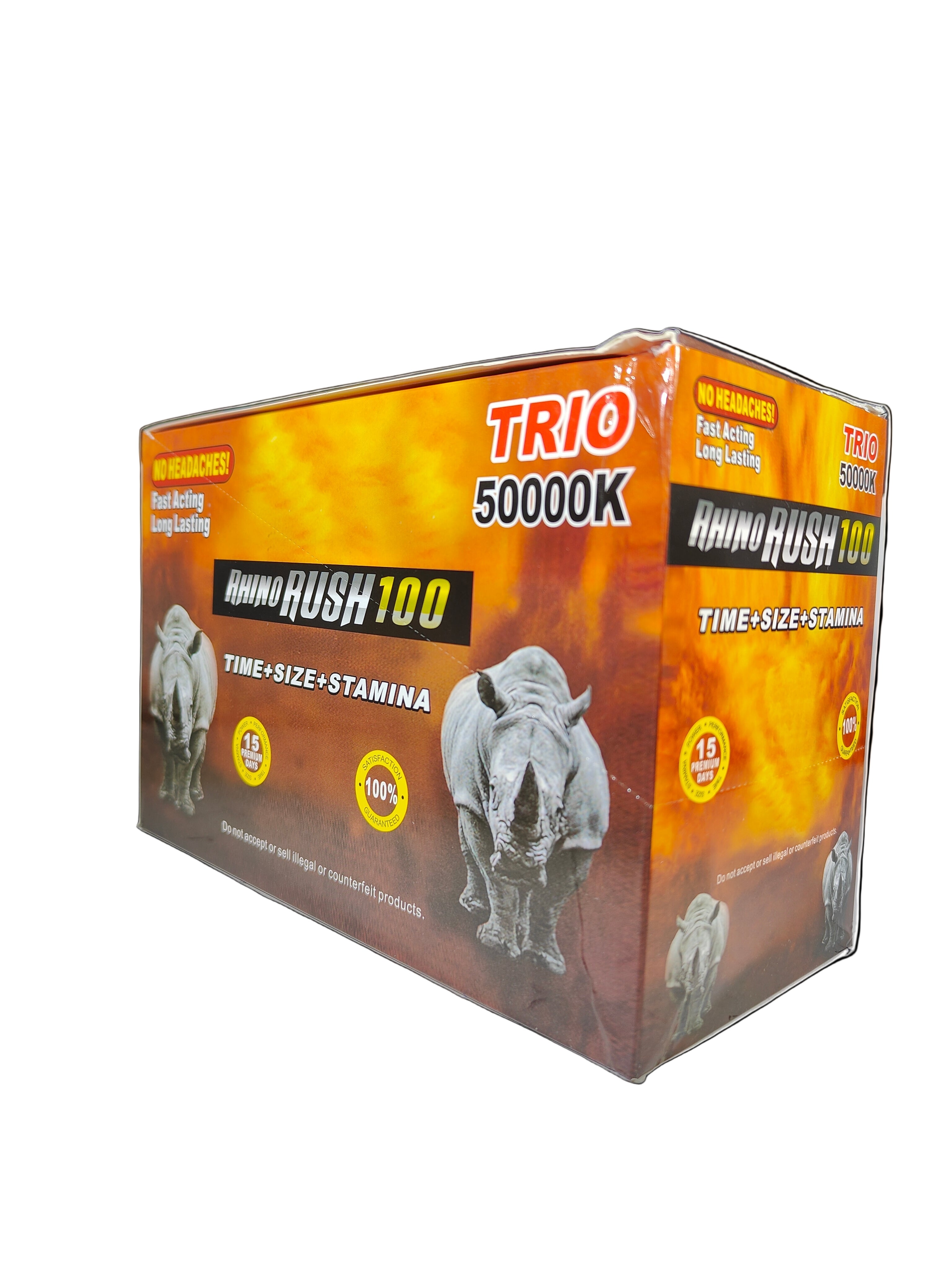 Front view of Rhino Rush 100 Gold 50000K TRIO display box, a premium stamina and energy enhancement.