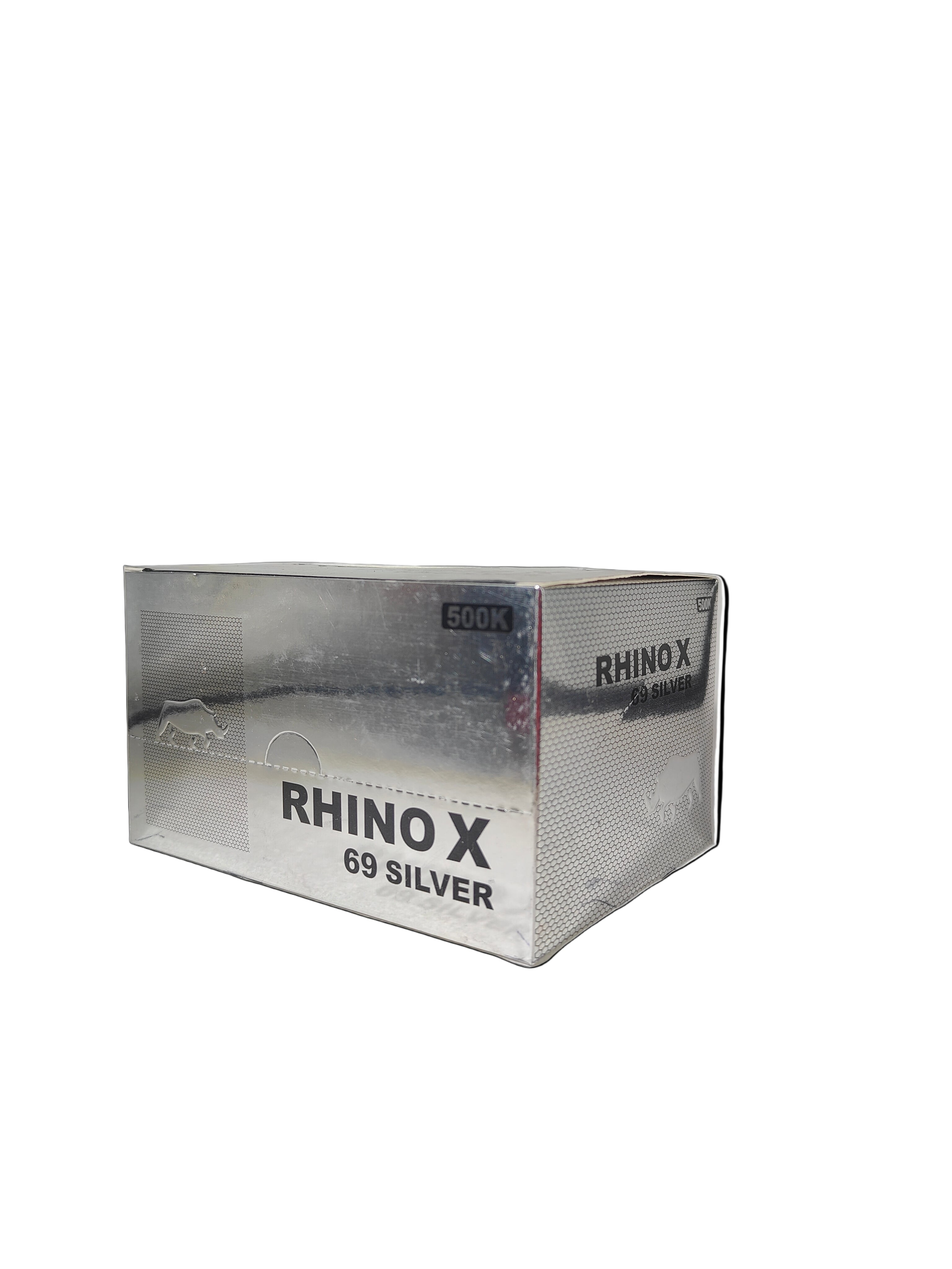 Front view of Rhino X Silver Shots, a display box of premium male enhancement supplements.