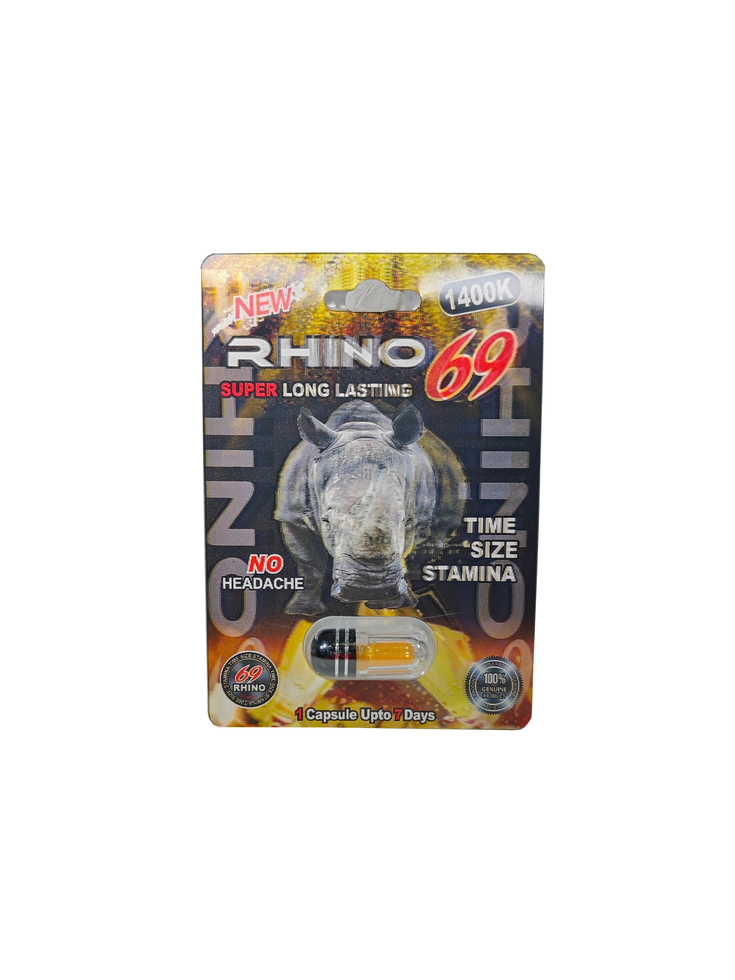 Single capsule packet of Rhino 69 1400K, a male stamina enhancement supplement pill.