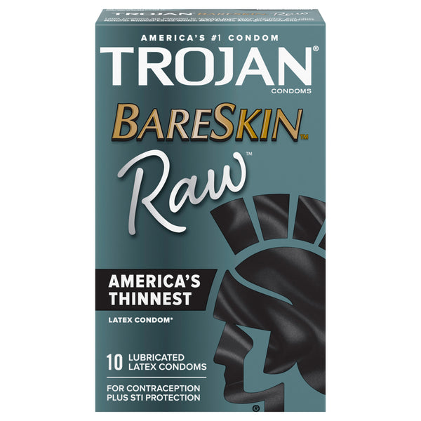 Front View of Trojan Bare Skin raw Lubricated Latex Condoms box