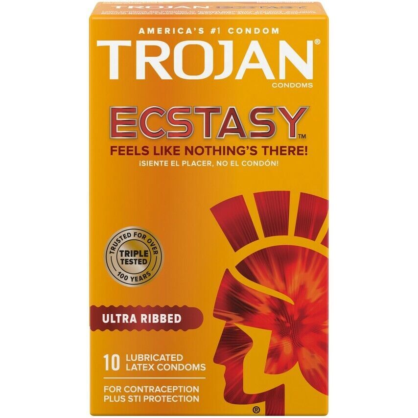 Front View of Trojan Ecstasy Lubricated Latex Condoms box