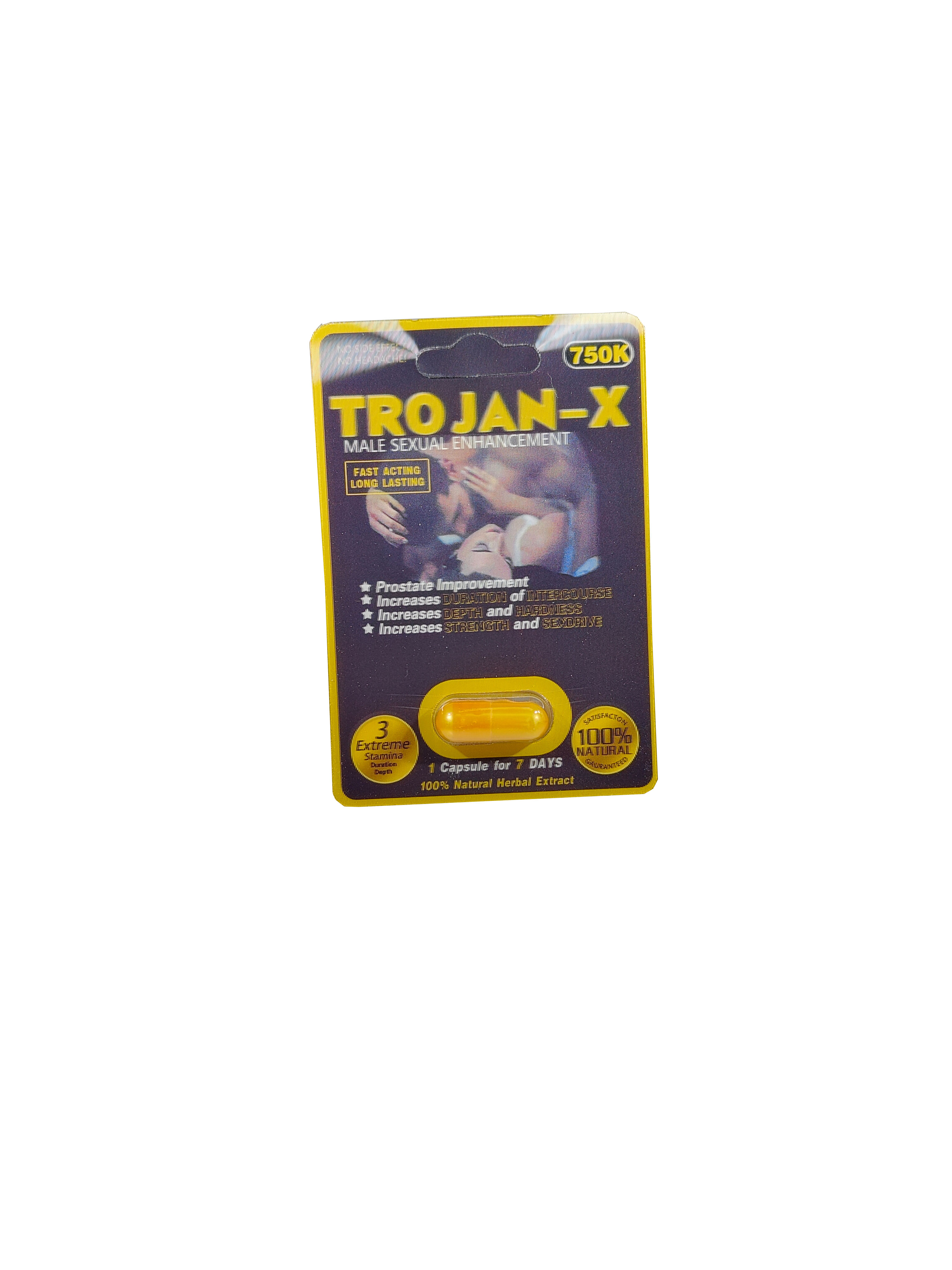 Single capsule packet of Trojan X 750K a male enhancement supplement product.