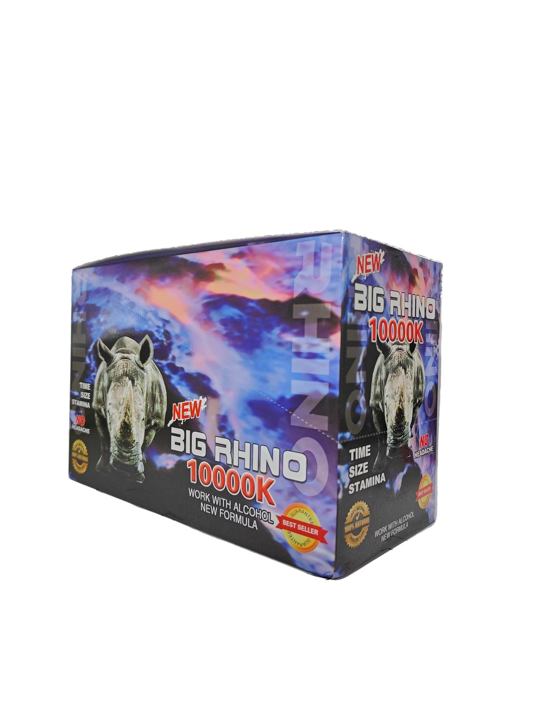 Front view of Big Rhino 10000K display box, a new male stamina enhancement supplement in pill form.