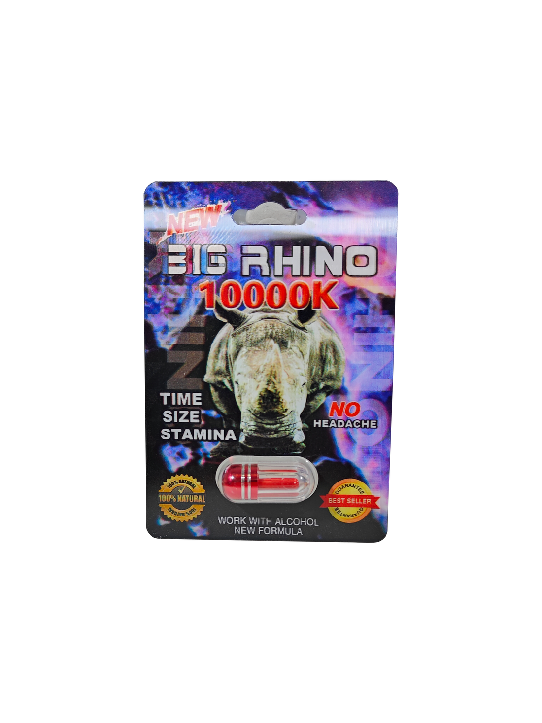 Single capsule pack of Big Rhino 10000K, a male enhancement supplement pill.
